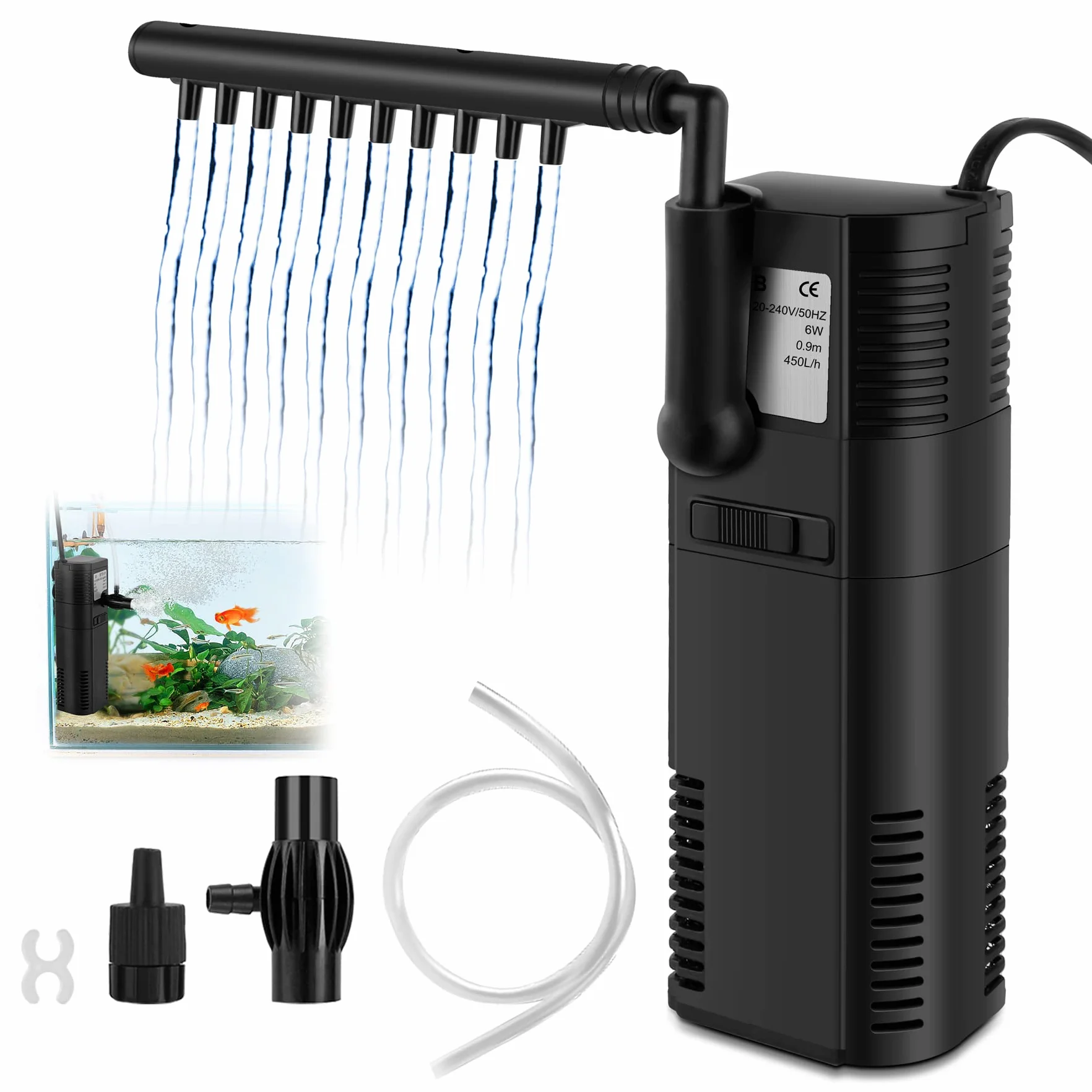 Filtro Interno Acquario all'Interno Pompa Filtro con Barra dello Spruzzo per Pesce Serbatoio 300L/450L/H 2/6W (300L)