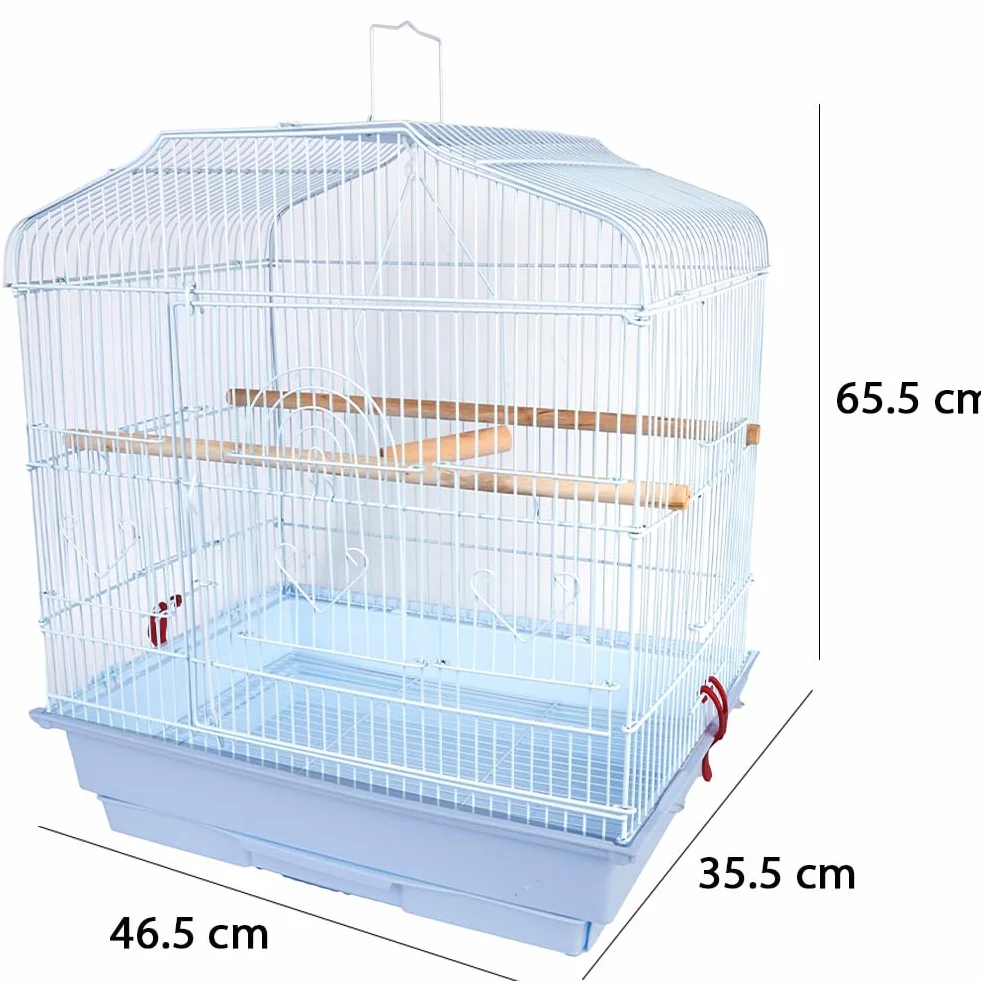 BAKAJI Gabbia Voliera per Uccelli 46.5 x 35.5 x 65.5 cm Bianco con Vassoio Scorrevole e Posatoi in Legno