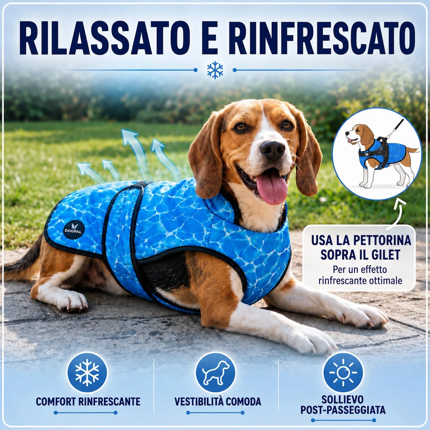 DOGOPAL Gilet Refrigerante per Cani, Giubbotto Rinfrescante Attivato dall'Acqua con Protezione UV, Taglia XL, Blu