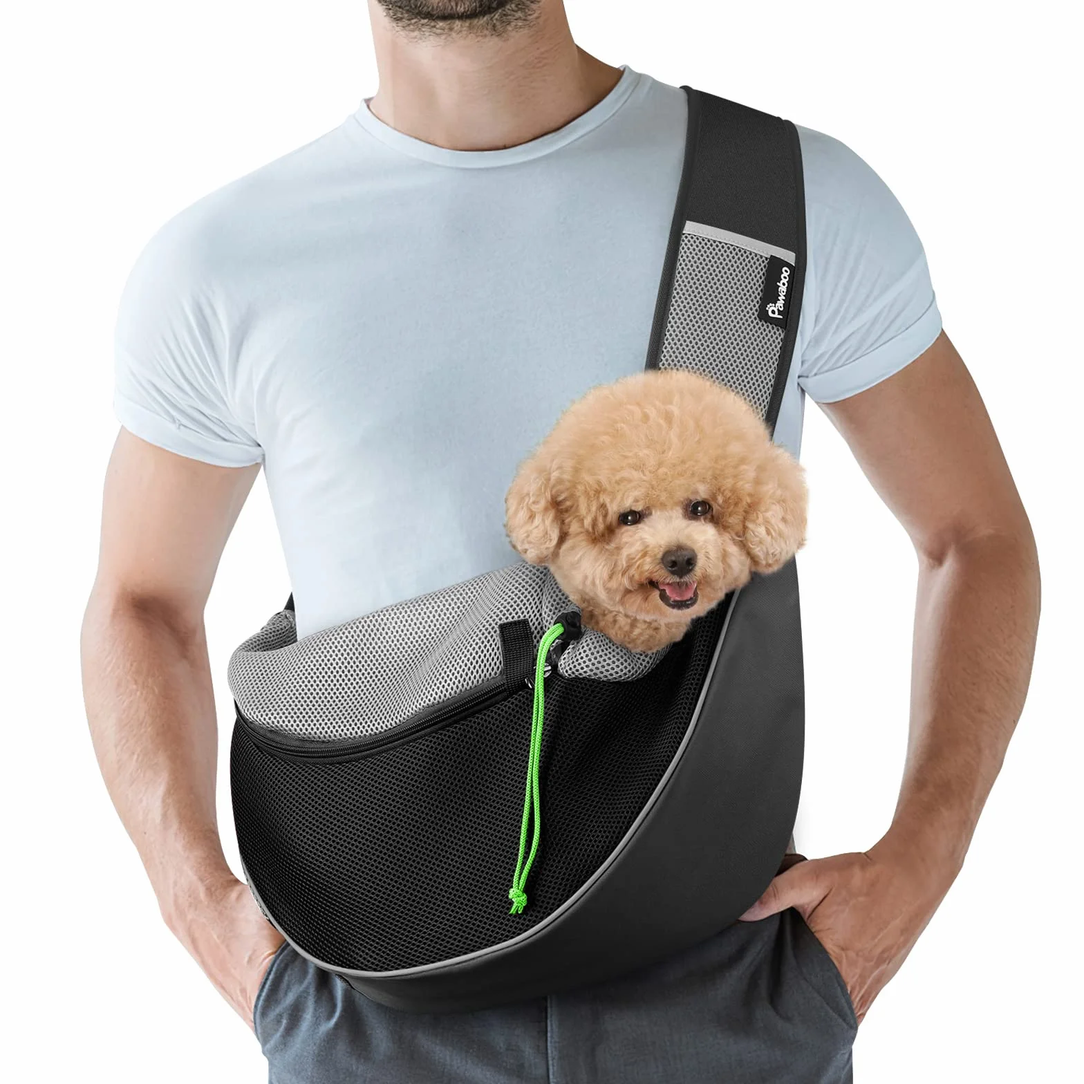 Pawaboo Zaino per Cani e Gatti, Contenitori da Trasporto per Cani, Trasportino da Passeggio con Cordino Regolabile, in Rete Traspirante e Comoda Tracolla, per Viaggio con 3 Tasche, Taglia XL - Nero