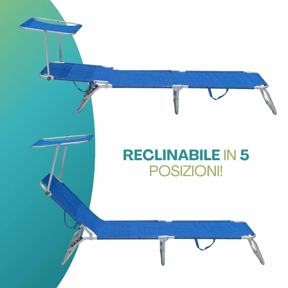 PALUPLUS Lettino Prendisole Pieghevole con Tetto Parasole con BORSA Portalettino, Misura 180x55x90 cm, Tessuto Textilene, Struttura Metallo Tubolare da 18mm, Peso Max 120kg -9301F (Blu)