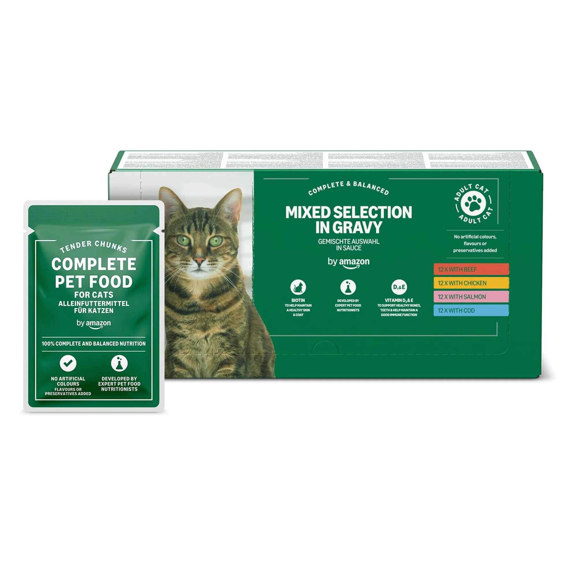 Amazon Alimento completo per gatti adulti, Selezione mista in salsa, 4.8 kg, 48 Confezioni da 100g