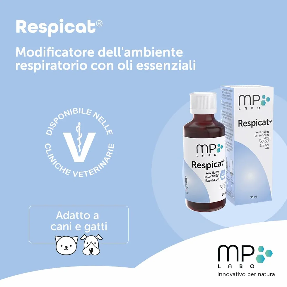 MP Labo Respicat® 30 ml - con Oli Essenziali - Modificatore dell'ambiente respiratorio nell'habitat degli Animali Domestici - Cani e Gatti