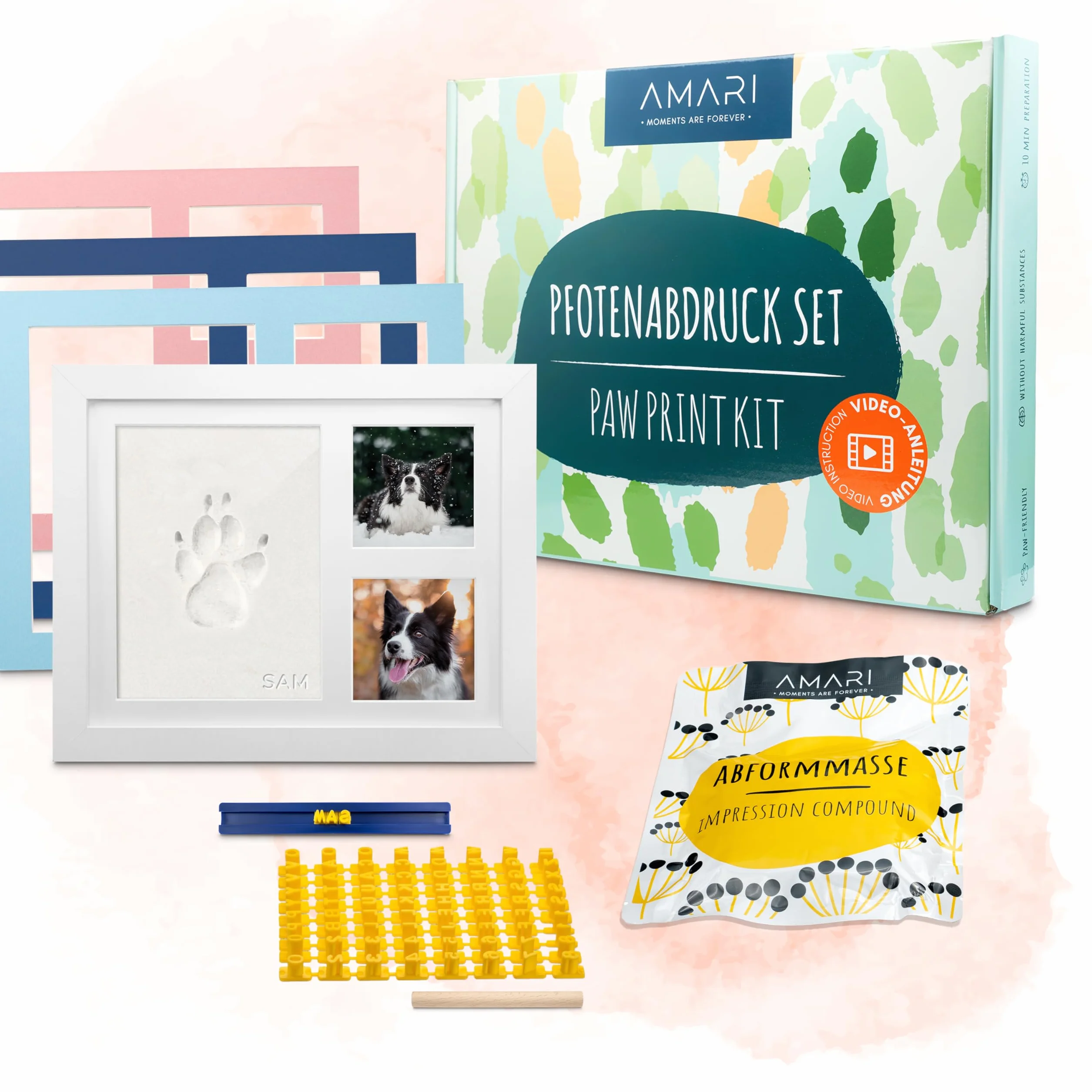 Amari Mari ® Set di Impronte di Zampe – Set di Impronte per Animali con Lettere, Numeri e cornici – Set di Impronte di Zampe per Cani