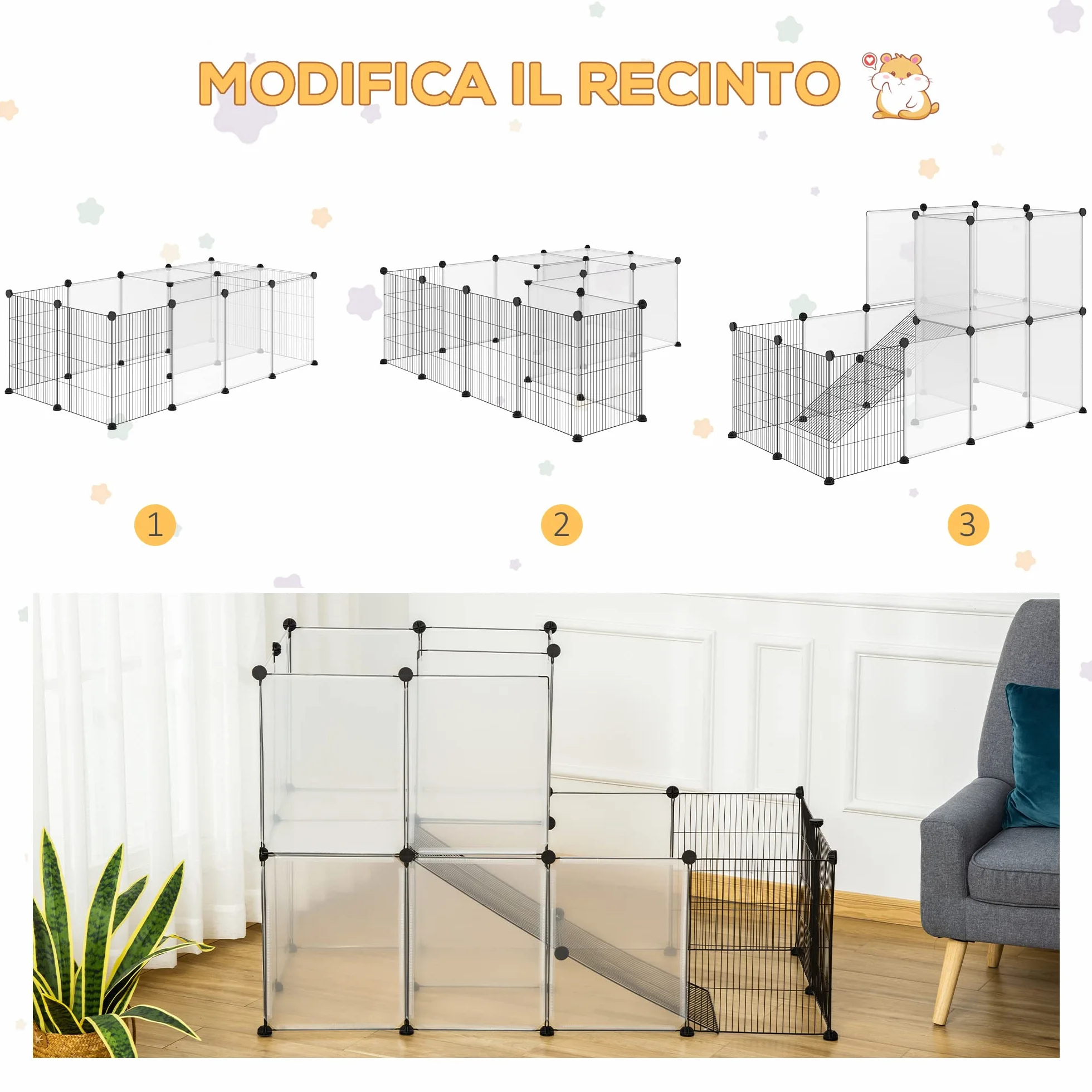 PawHut Recinto Modulare per Conigli, Cincillà e Porcellini d'India, Box per Animali di Piccole Dimensioni, 27 Pannelli Acciaio e Resina