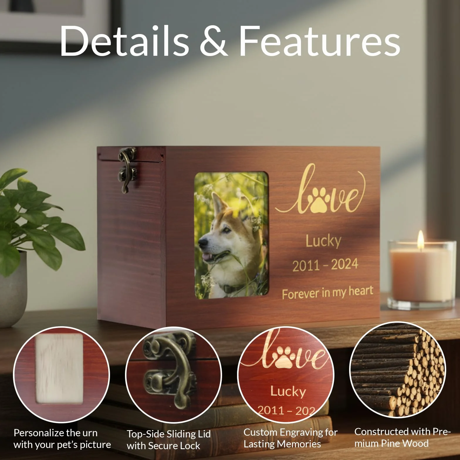 Urna commemorativa Personalizzata per Animali con Foto, Nome, Data e Testo inciso, in Legno o bambù di Dimensioni Medie per Cani, Gatti e Conigli (bambù)