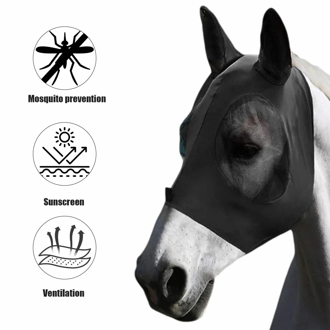 Maschere protettive per cavalli Maschera antimosche per cavalli Protezione UV Protezione antizanzare con protezione per le orecchie (nero)