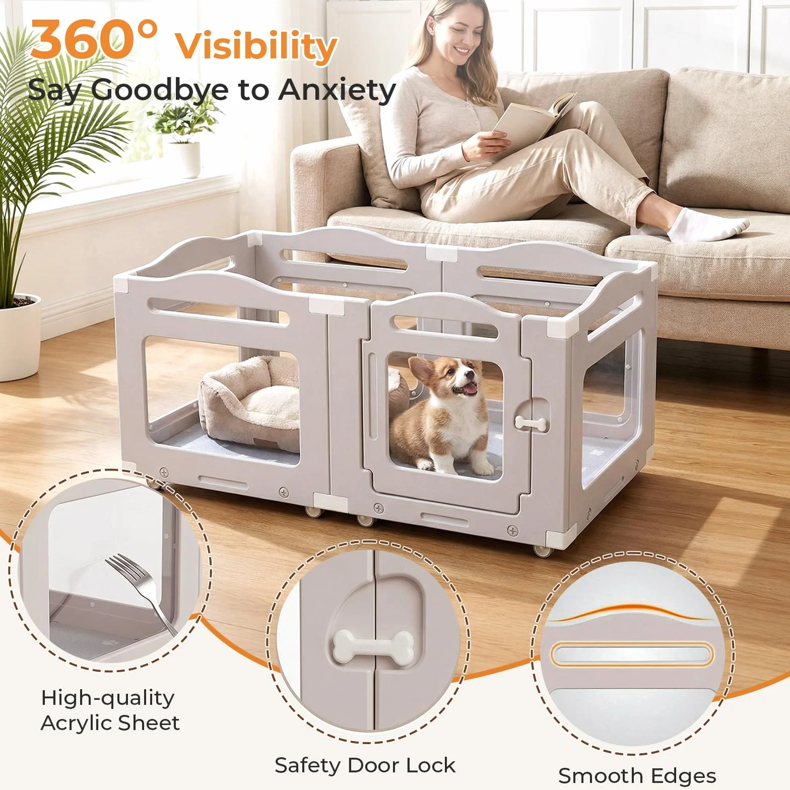 MAMIZO Recinto per Cani Acrilico 126 × 68 cm, Box per Cuccioli con Ruote e Base, Box per il Parto Cani con Cuscinetto Impermeabile, 5+1 PCS Pannelli Parco per Cani adatto Appartamento, Grigio Caldo