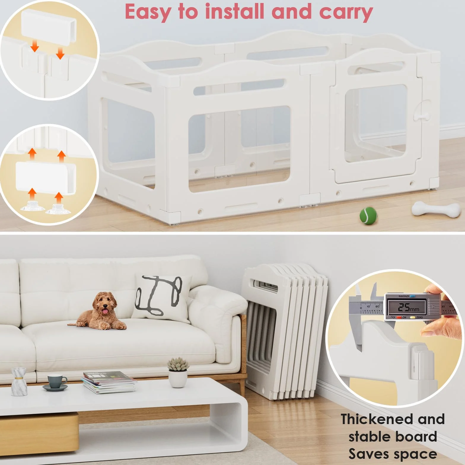 Clevich Recinto per Cani da Interno in Acrilico 129 × 68 × 60 cm, 5 PCS +1 Pannelli con Porta a Chiusura, Recinto per Cani Pieghevole con Ventose, Parco adatto per Appartamento, Bianco
