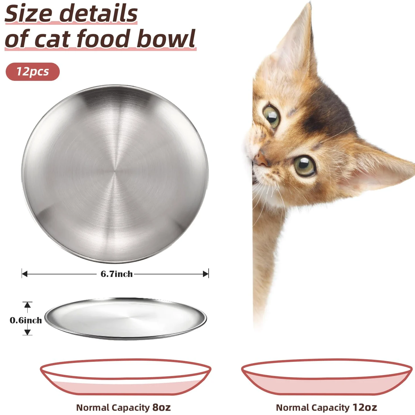 12 ciotole per cibo per gatti in acciaio inox, piccole e piatte da 17 cm, perfette per gattini, gatti, furetti, gatti randagi