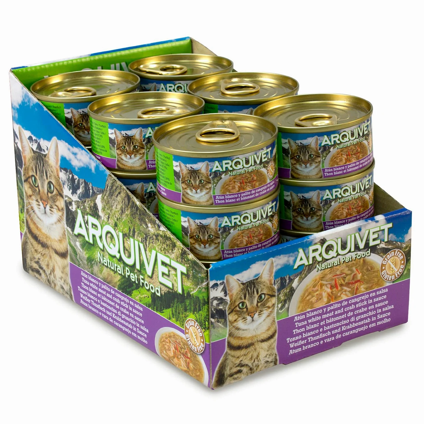 ARQUIVET - Pack 24 unità - Scatolette di tonno bianco con bastoncino di granchio in salsa - per gatti - super premium - ingredienti naturali al 100% - Cibo umido per gatti - 80 gr.