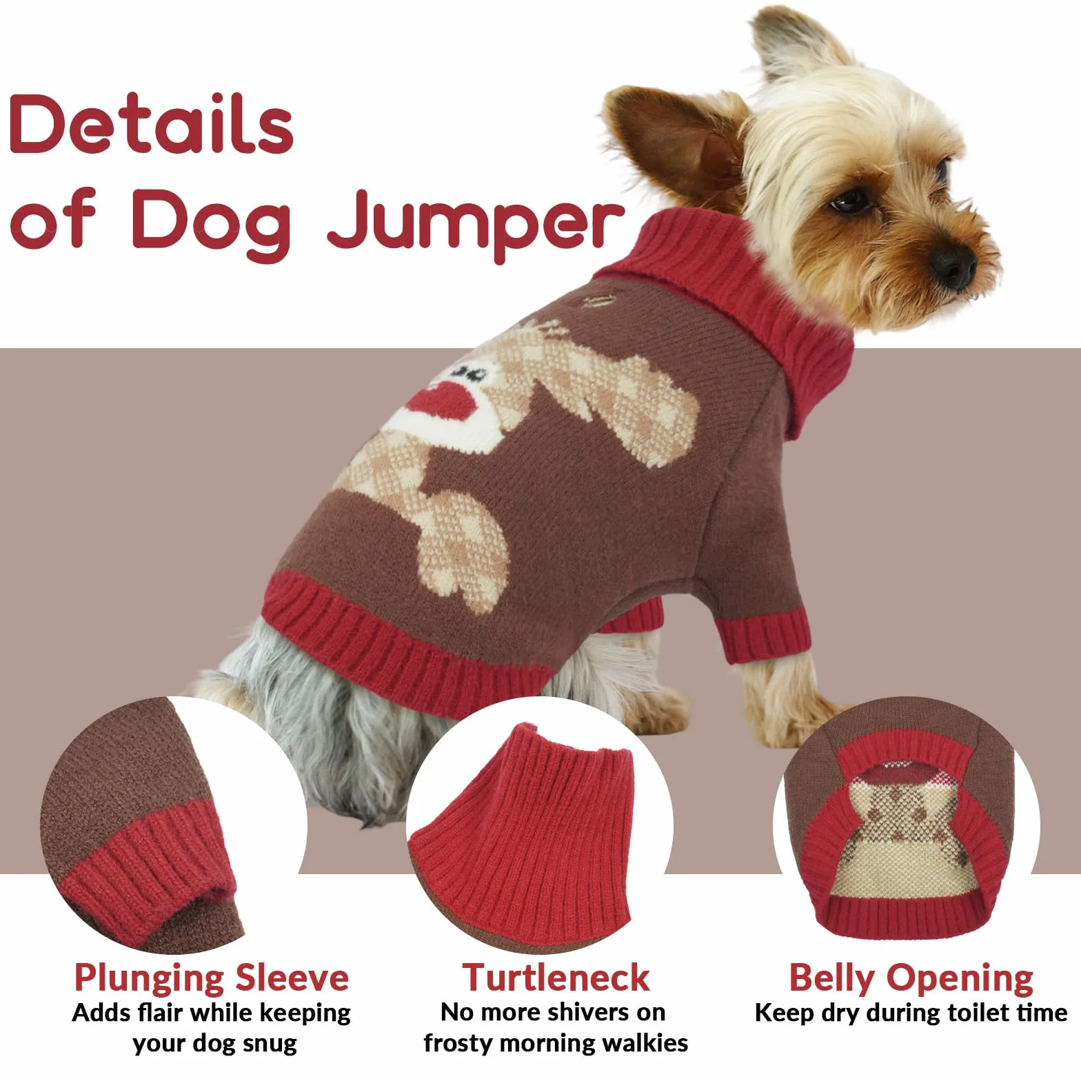Maglione Cane Natalizio con Renna foro per guinzaglio Border Collie Golden Retriever Femmina Piccola Marrone XXL