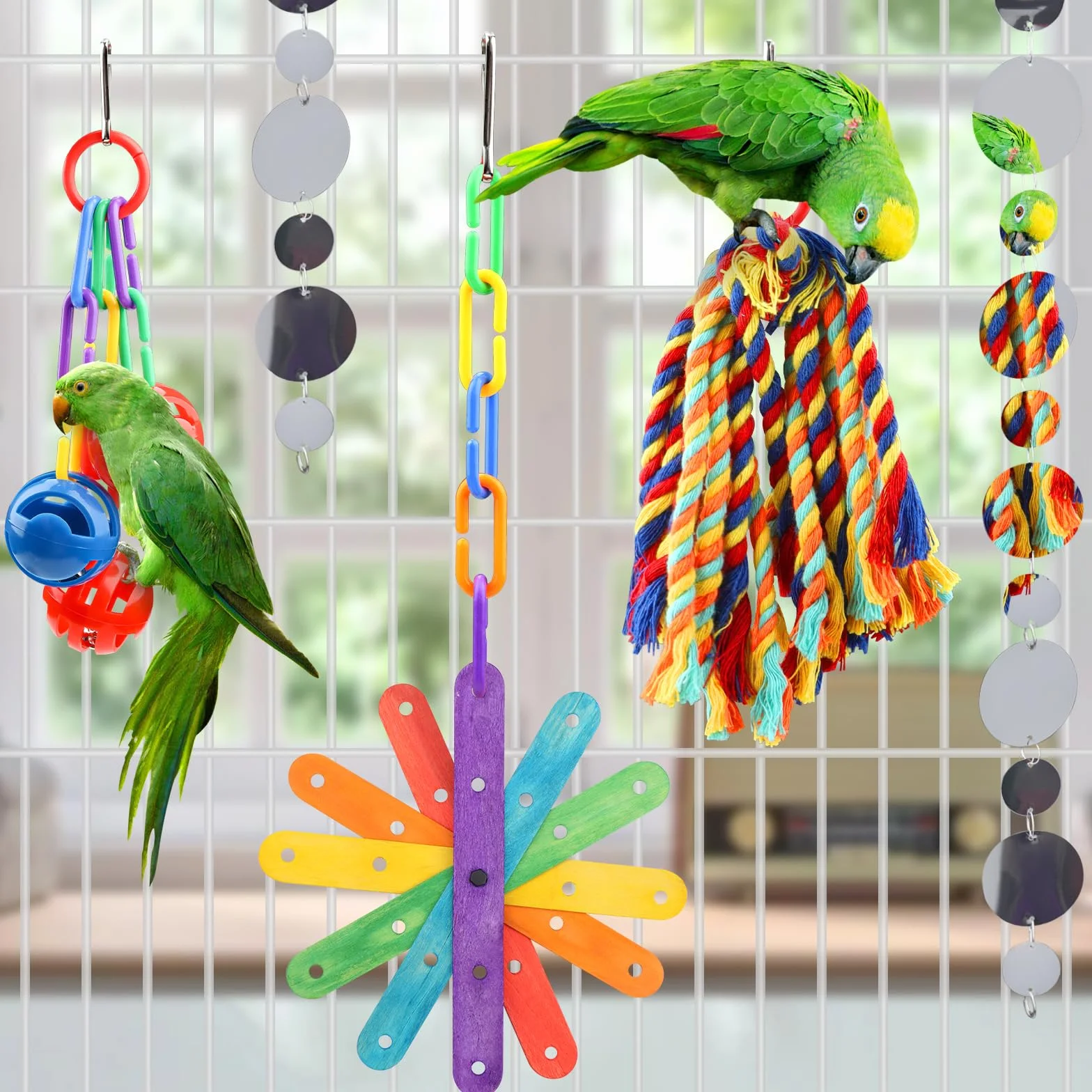 QUOZUO 4 Pezzi Giocattoli Pappagallo Uccelli Giochi da Masticare Altalena Appesa Gabbia Legno Corda Perch