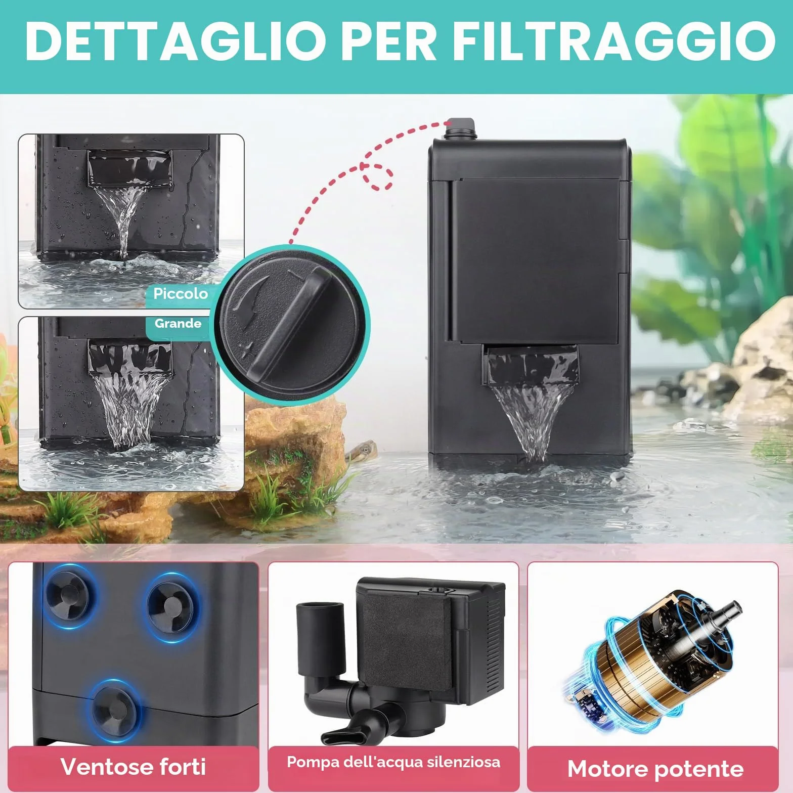 hygger 680LPH Filtro Acquario Tartarughe d'Acqua, 8W Flusso Regolabile Filtro Acquario Interno, Aquarium Filter con Sponge per Amphibian Reptile Frog