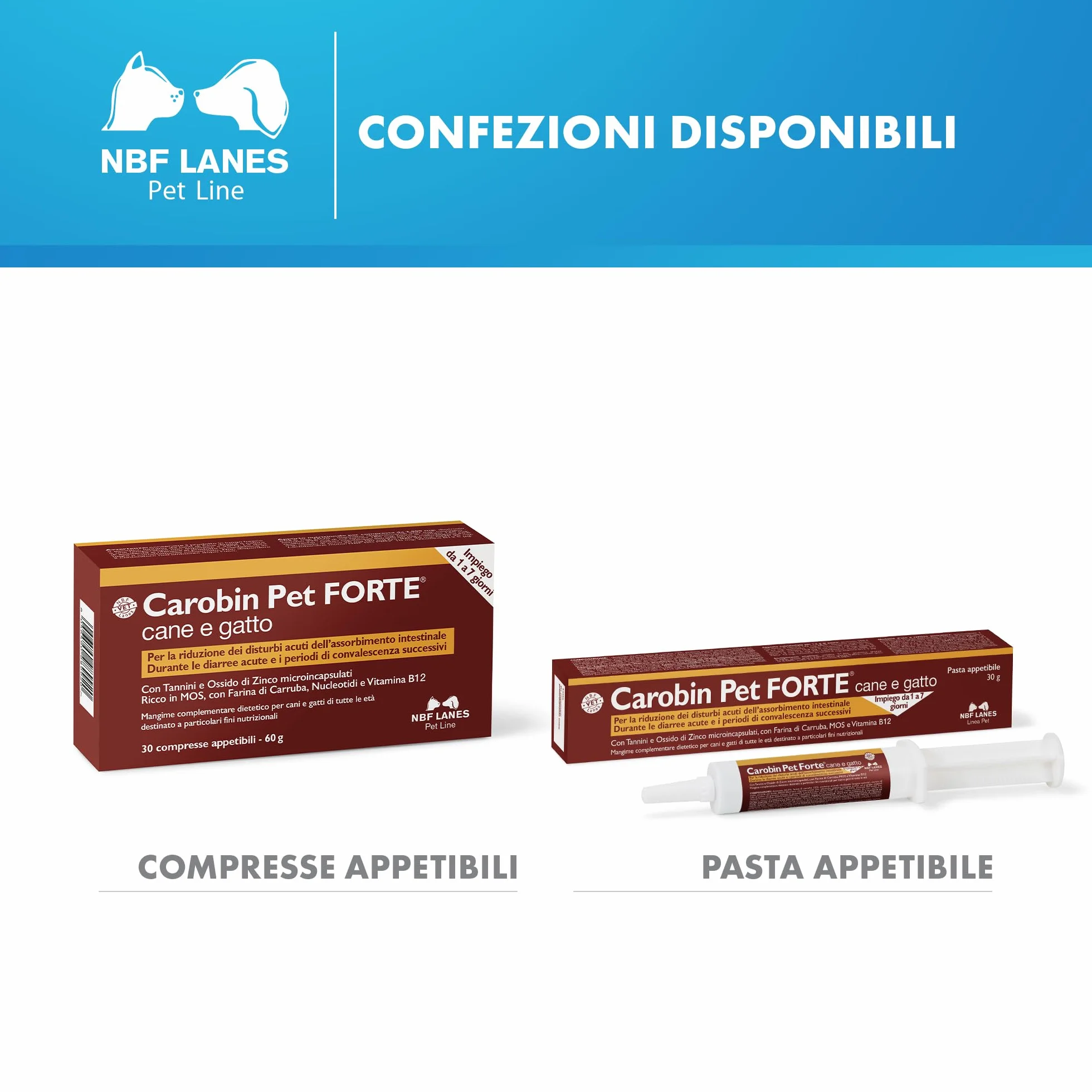 NBF Lanes | Carobin Pet Forte Cane Gatto, 30 Compresse Appetibili, Riduzione Disturbi Acuti dell’Assorbimento Intestinale, Diarree Acute, Convalescenza