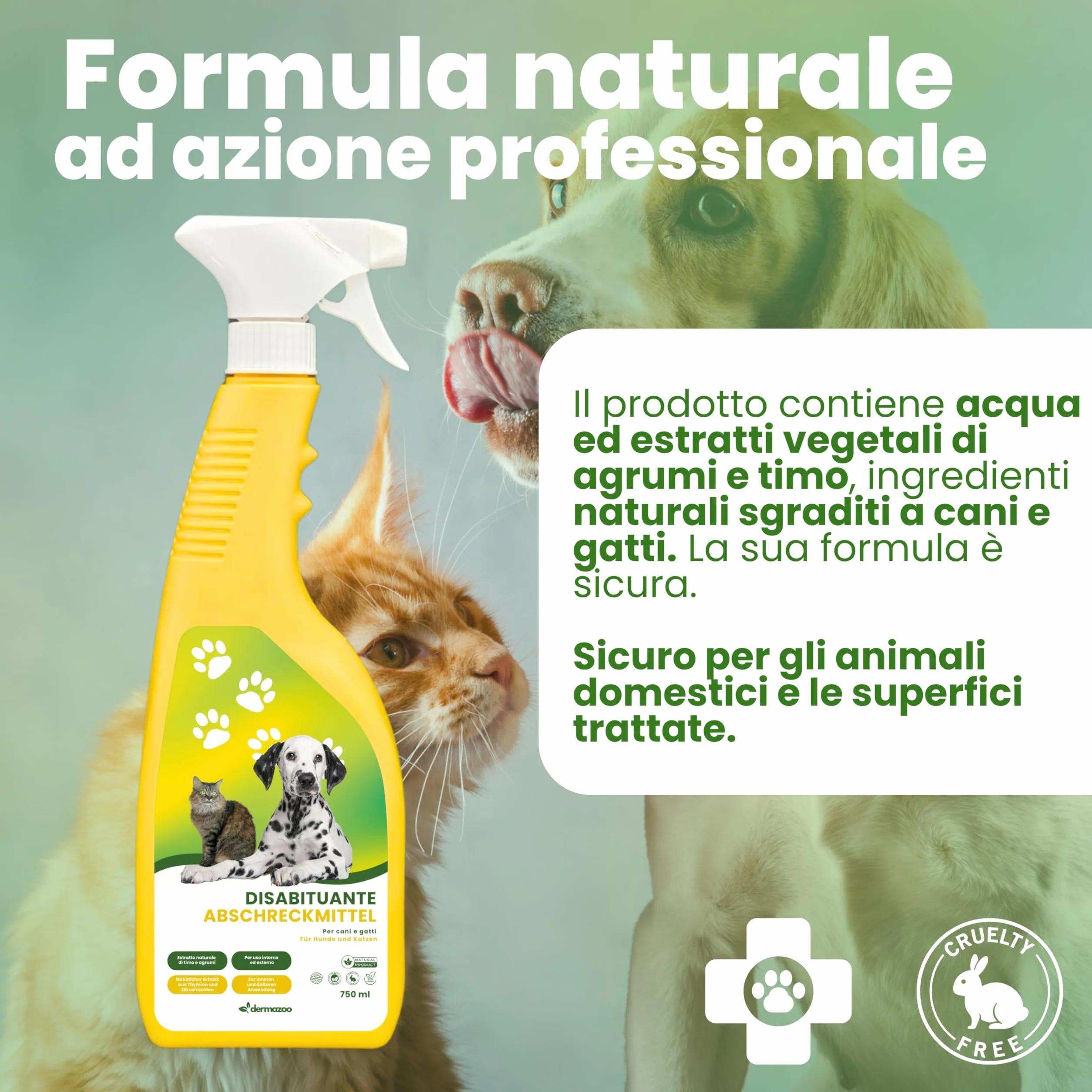 Dermazoo Spray Repellente per Gatti da Esterno e Interno 750ml, Disabituante Gatti, Disabituante per Cani, Spray Addestrativo Anti Pipi Cani, Casa e Giardino