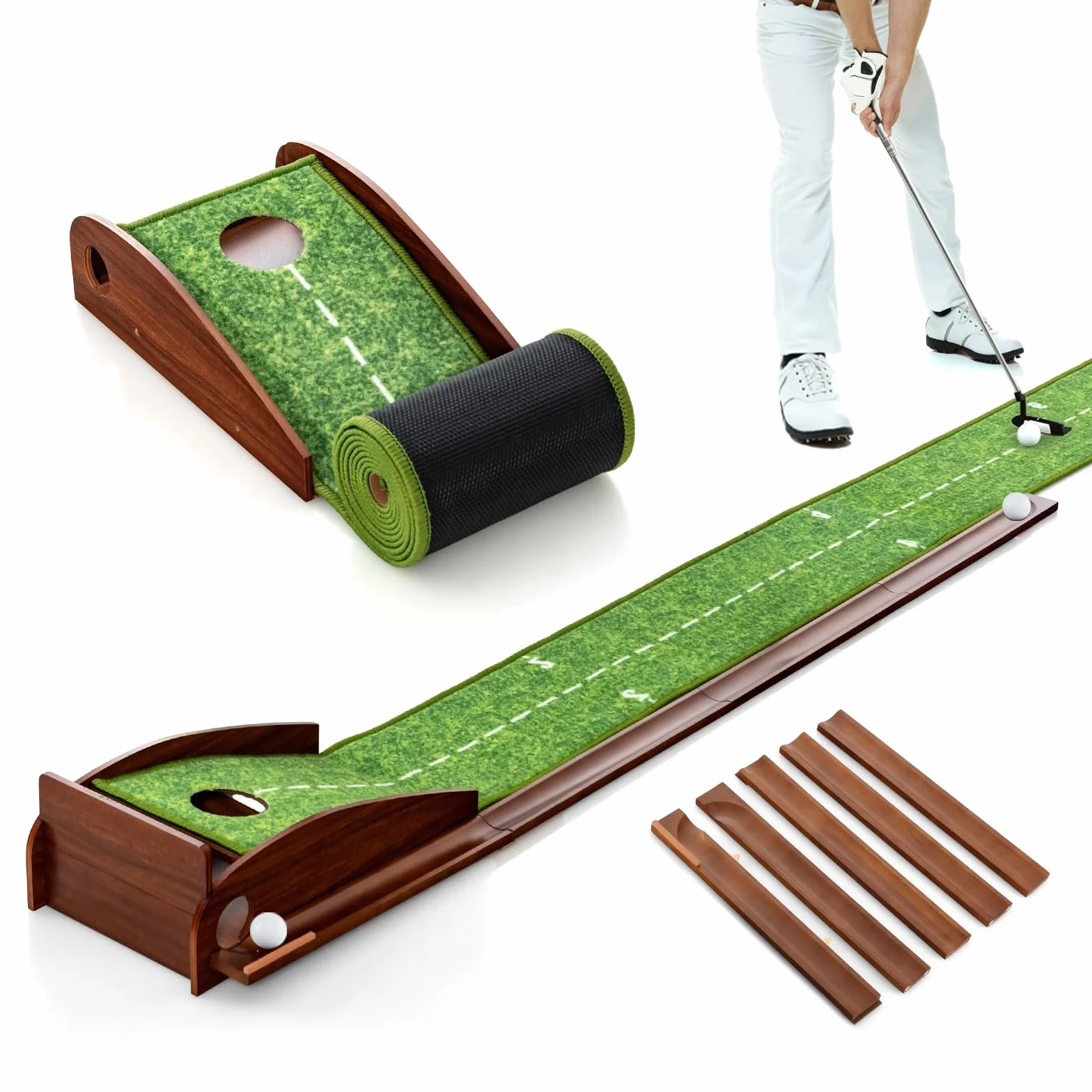 LIFEZEAL Golf Putting Matte, tappetino da golf con fori, tappetino portatile da golf con ritorno automatico, attrezzatura da golf con 3 palline, tappetino da golf per interni ed esterni (1 foro)