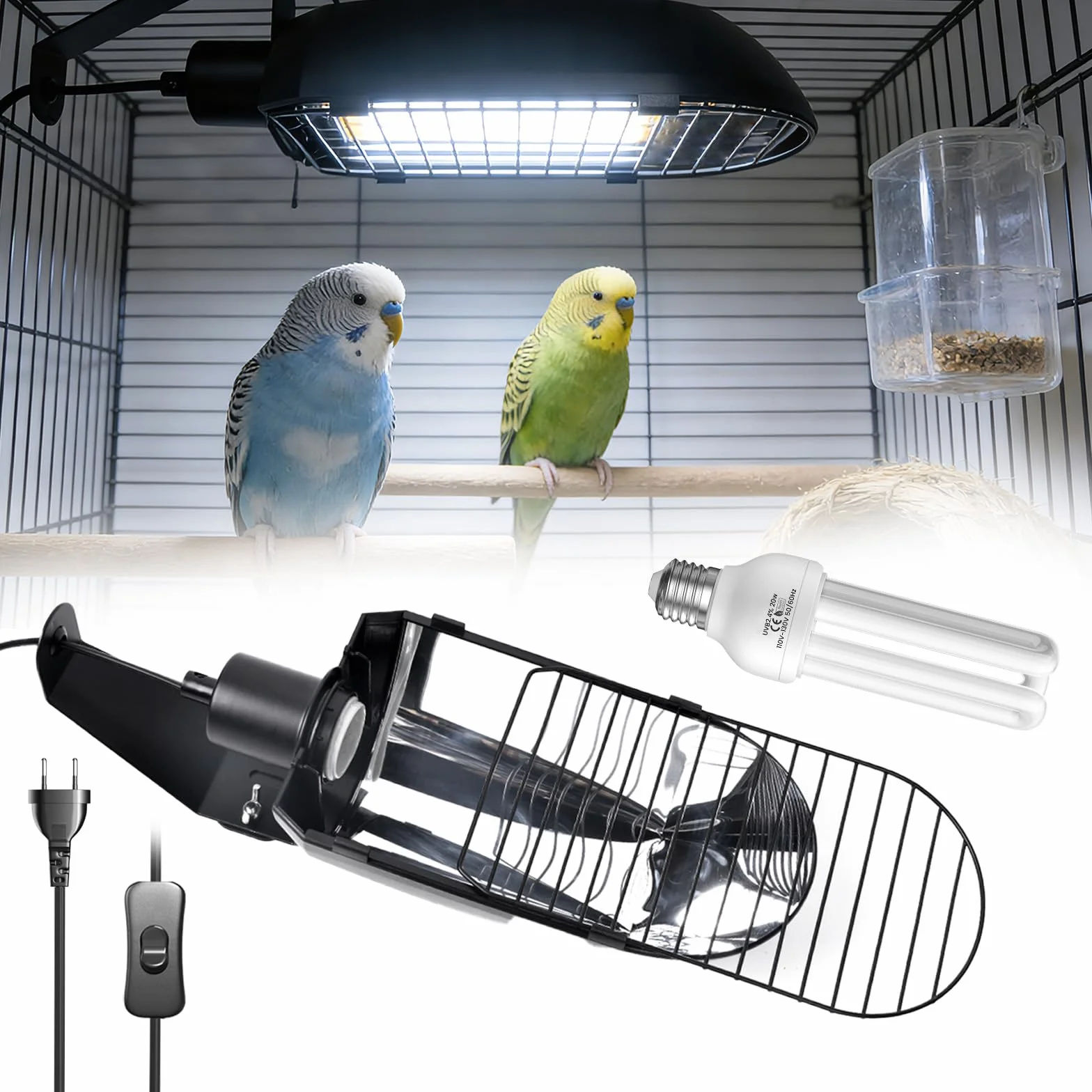 GlowUp Lampadine UVB 2.4 per Pappagalli Kit Combinato, Portalampada E27 con lampadina UVB 20W E27 per Uccelli