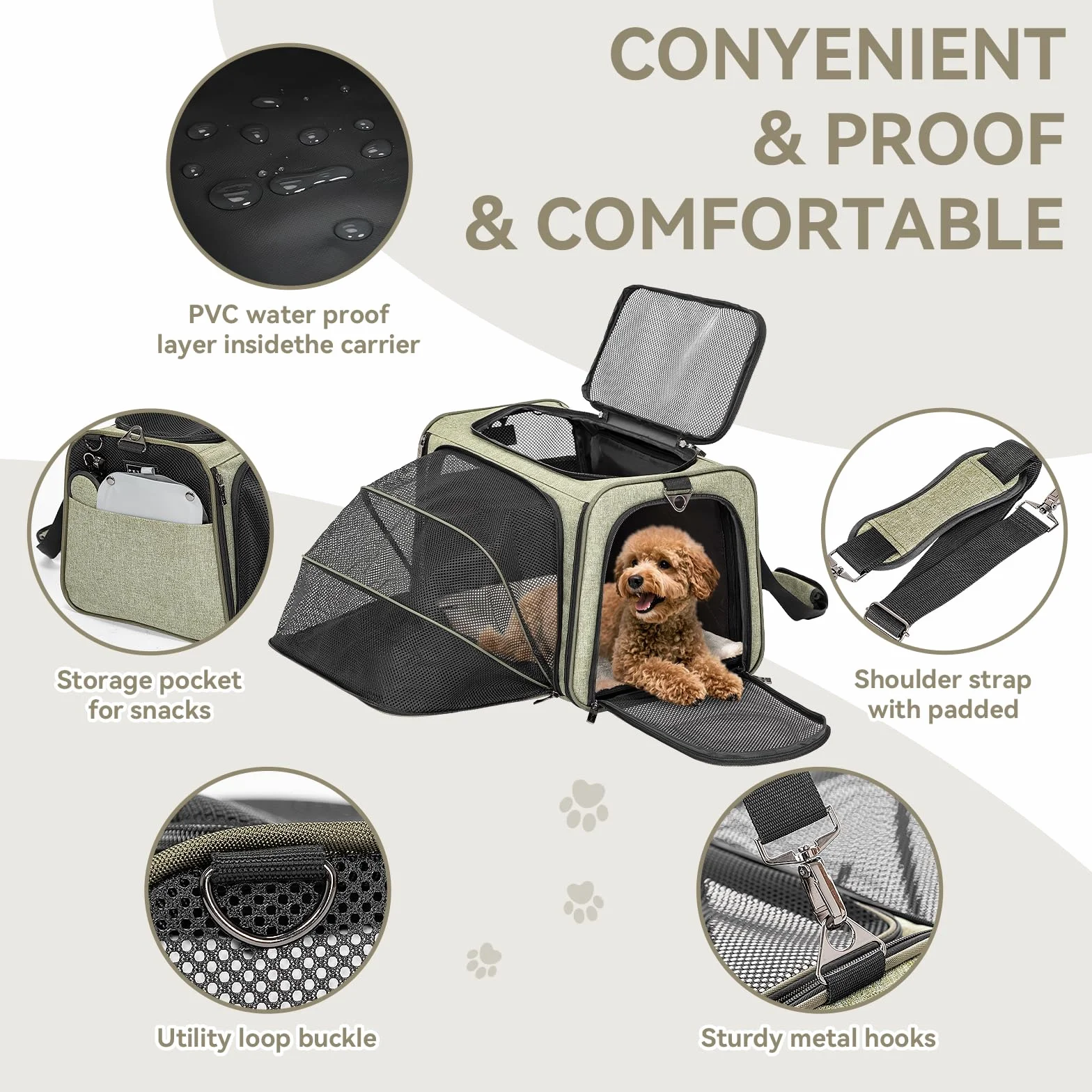Petsfit Trasportino per gatti, espandibile, comodo trasportino pieghevole su due lati con tappetino in pile, trasportino per cani aperto nella parte superiore. Verde