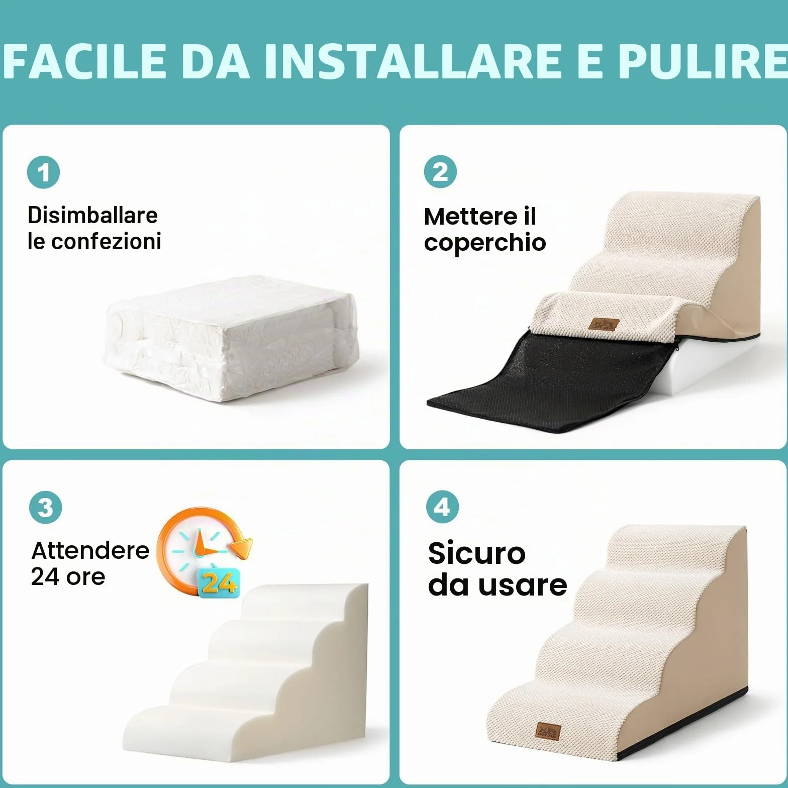 Scale per Cani di Piccola Taglia con Rampa per Gatti, 40x57x40cm, 3 Gradini, Beige