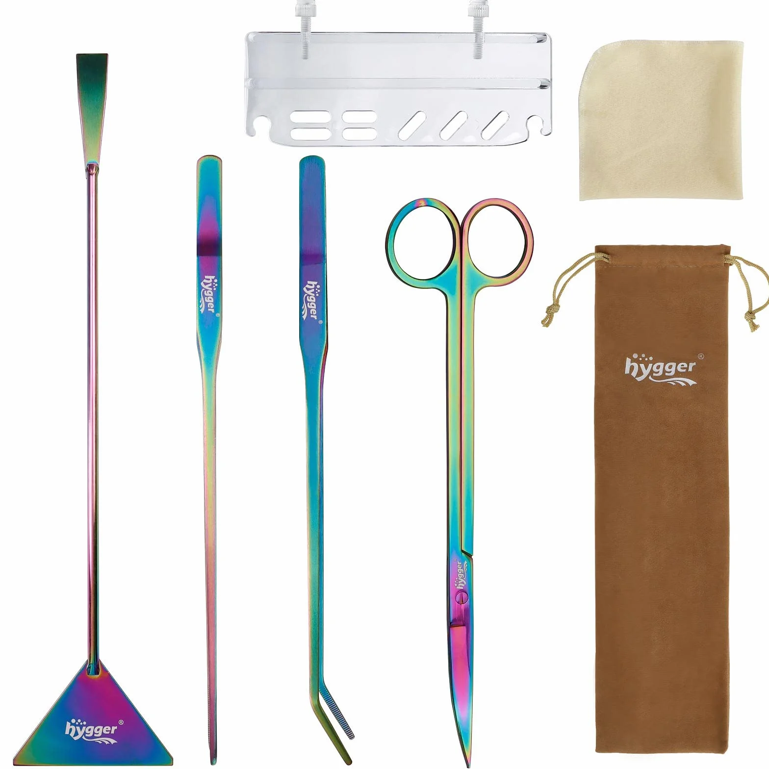 hygger Kit 6 in 1 strumenti lunghi per acquario in acciaio inox pinzette forbici spatola con portautensili e panno pulizia