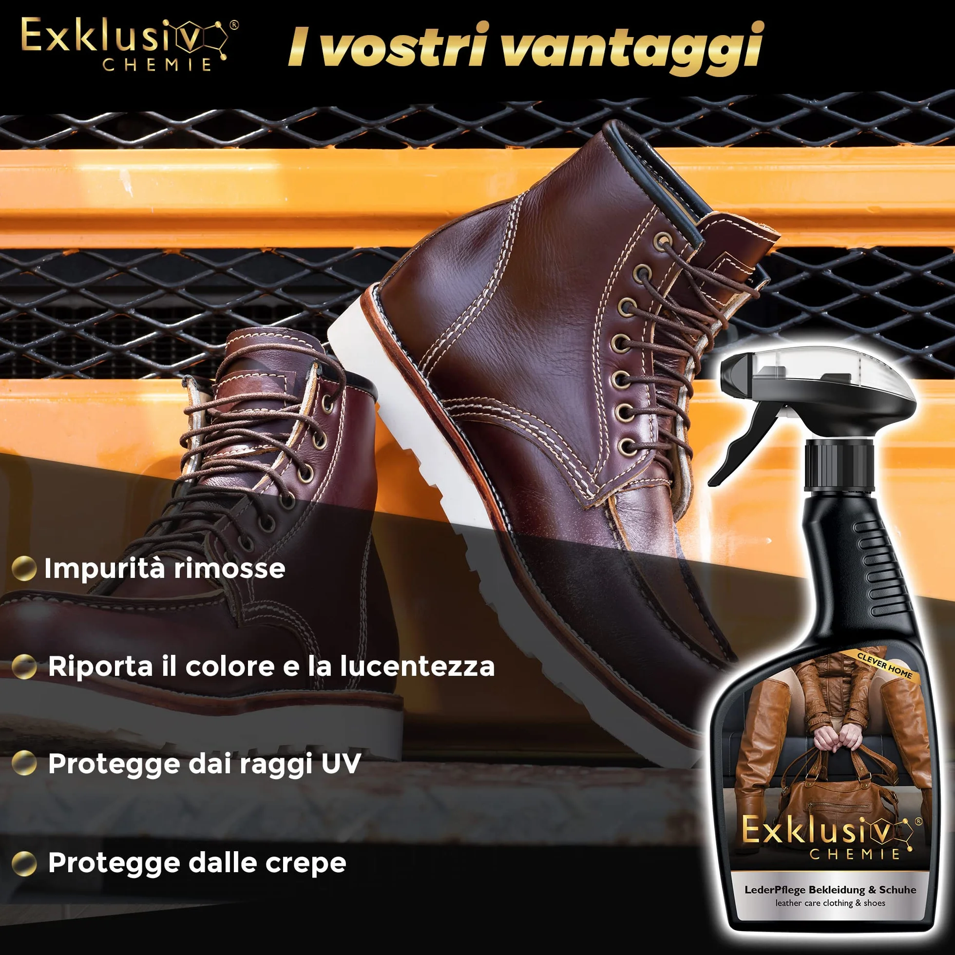 Exklusiv Chemie® Cura della pelle Cura della pelle Abbigliamento e scarpe | Cura della pelle per vestiti e scarpe di pelle | Spray per la cura della pelle | Pulitore per pelle | 500 ml | Per giacche in pelle, scarpe in pelle e borse in pelle