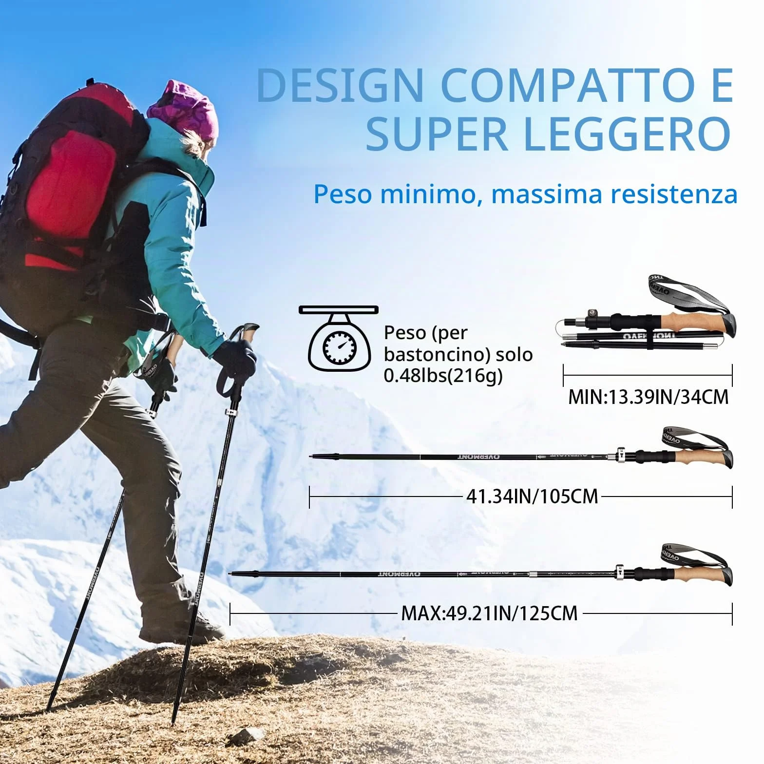 Overmont Bastoni Trekking Pieghevole Regolabile 105-125cm 1 Paio Ultraleggeri Nordic Walking Manico in Sughero