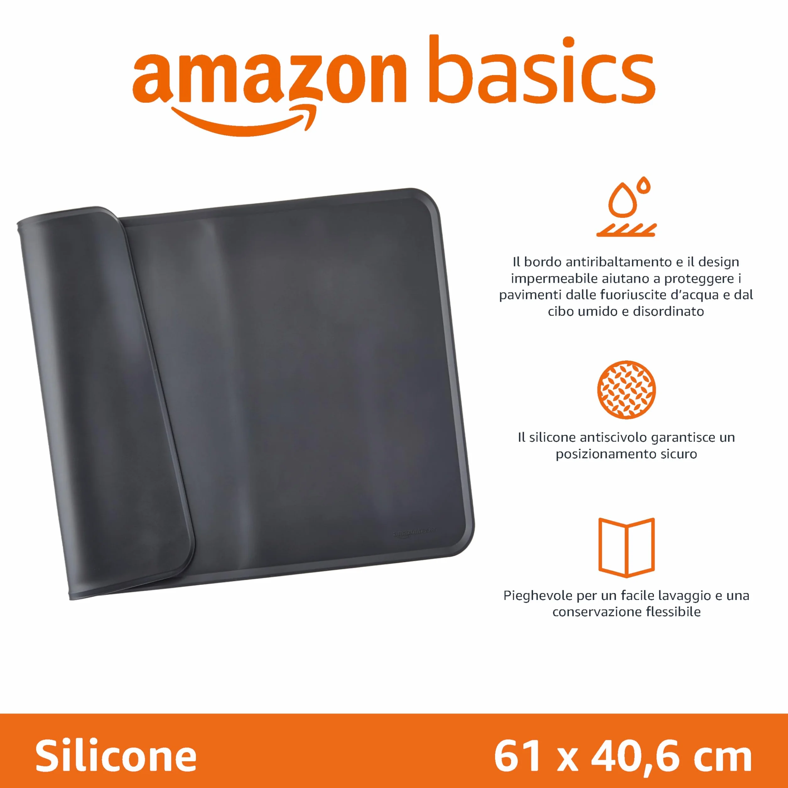 Amazon Basics tappetino sottociotola per animali domestici, impermeabile, in silicone - 61 x 41 cm, Nero, Tinta unita