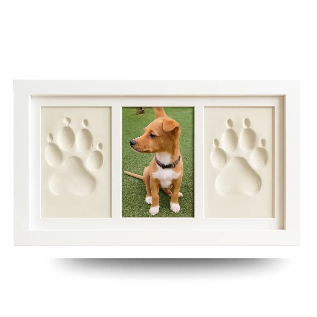 Marco per impronte di animali domestici (cane, gatto) con foto. Kit di stampa in argilla bianca. Scatola regalo con passepartout colorati. Ricordo personalizzato per cani e gatti.
