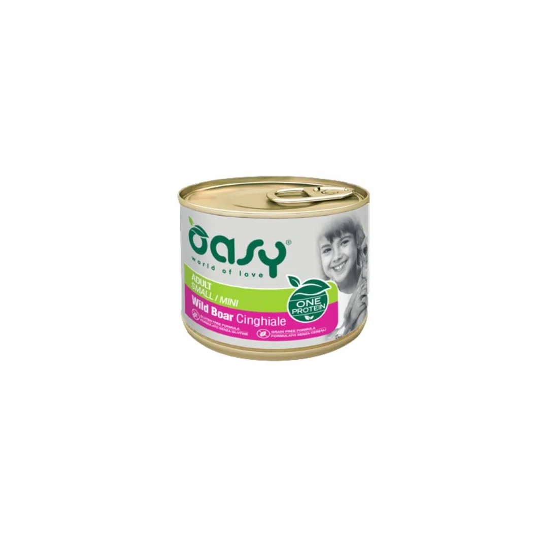Oasy umido cane adulto monoproteico, alimento completo per cani adulti di taglia piccola (small) gusto CINGHIALE | 6 scatolette da 200 grammi l’una.