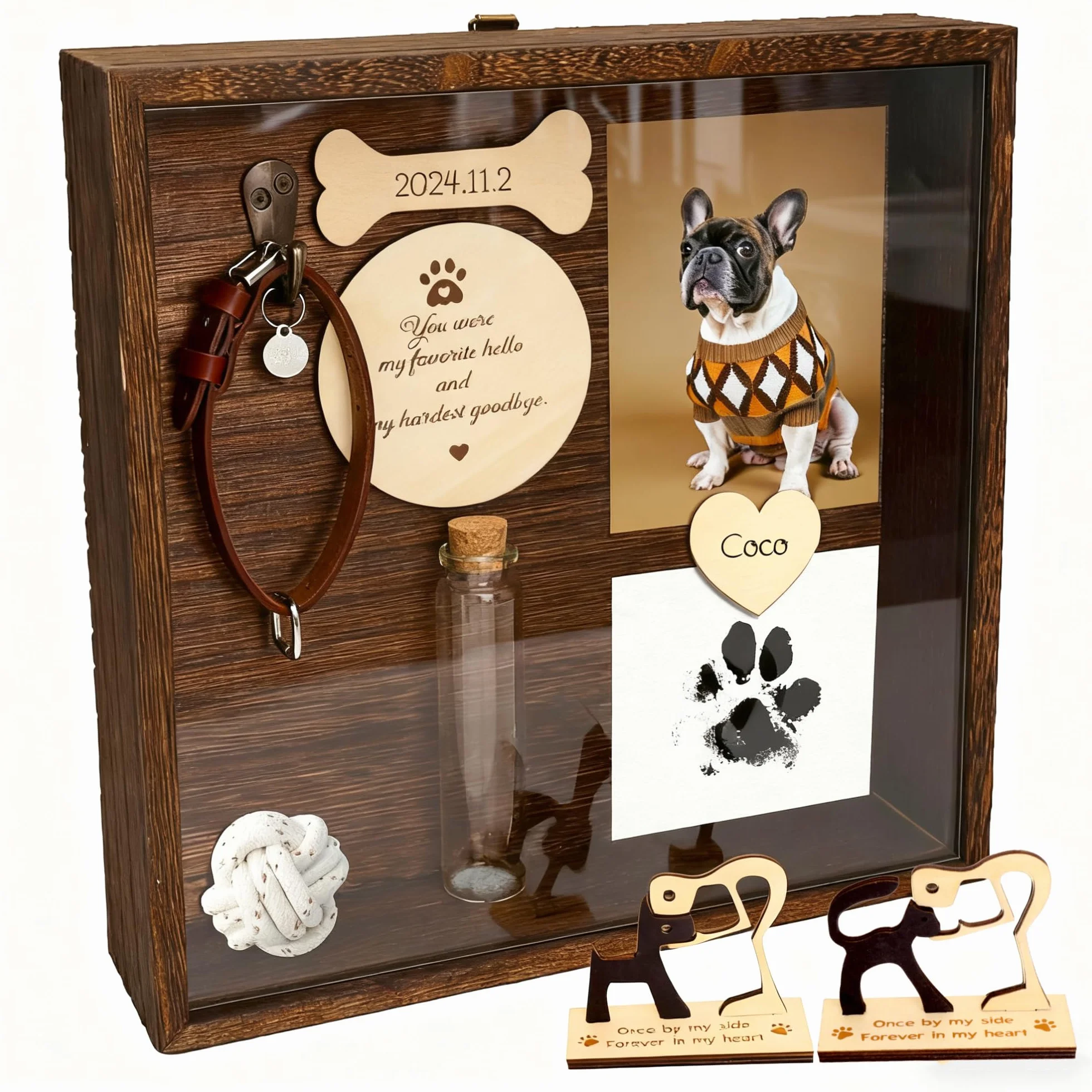 Scatola commemorativa Animali Domestici 8,6''-Porta Collare Cornice Foto,Zampe,Scultura Legno Cani,Barattolo Peli di Animali Domestici,Regalo condoglianze degli,Appendere/Tavolo