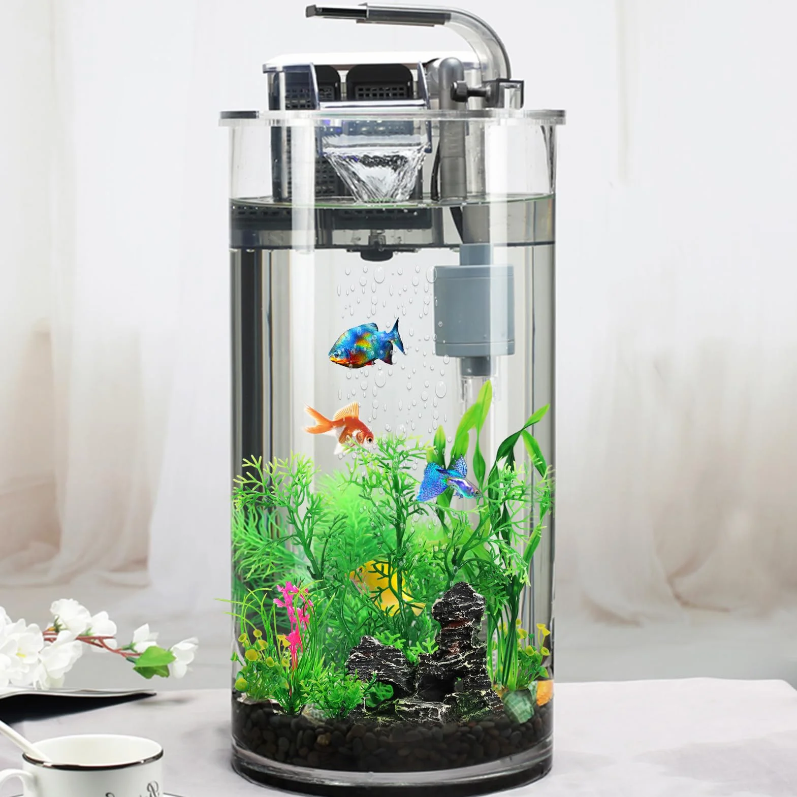 QUOZUO 9 Pezzi Decorazione Piante per Acquario, Piante in Plastica Verde con Resina, Grotta di Pesce e Accessori per Serbatoio