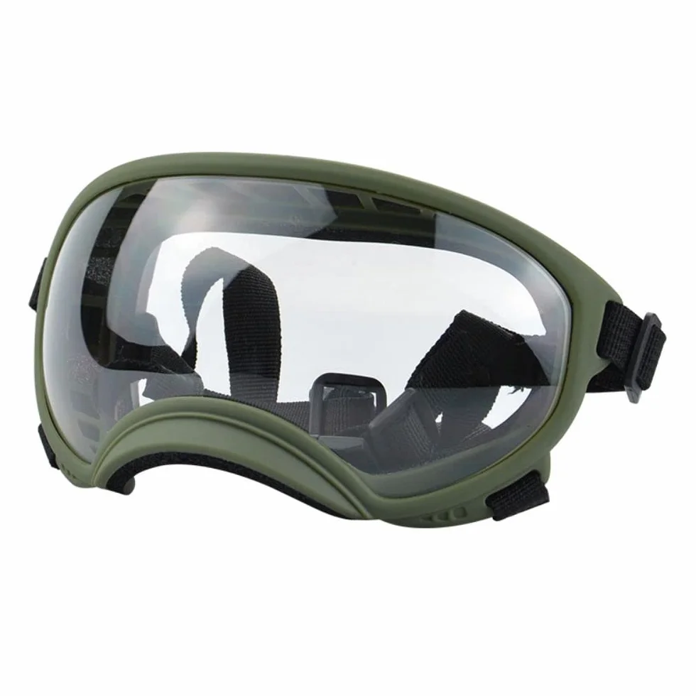 Occhiali da sole per cani con cinturino regolabile, protezione UV, occhiali da sole per cani Winproof per passeggiate e sci (verde e trasparente)