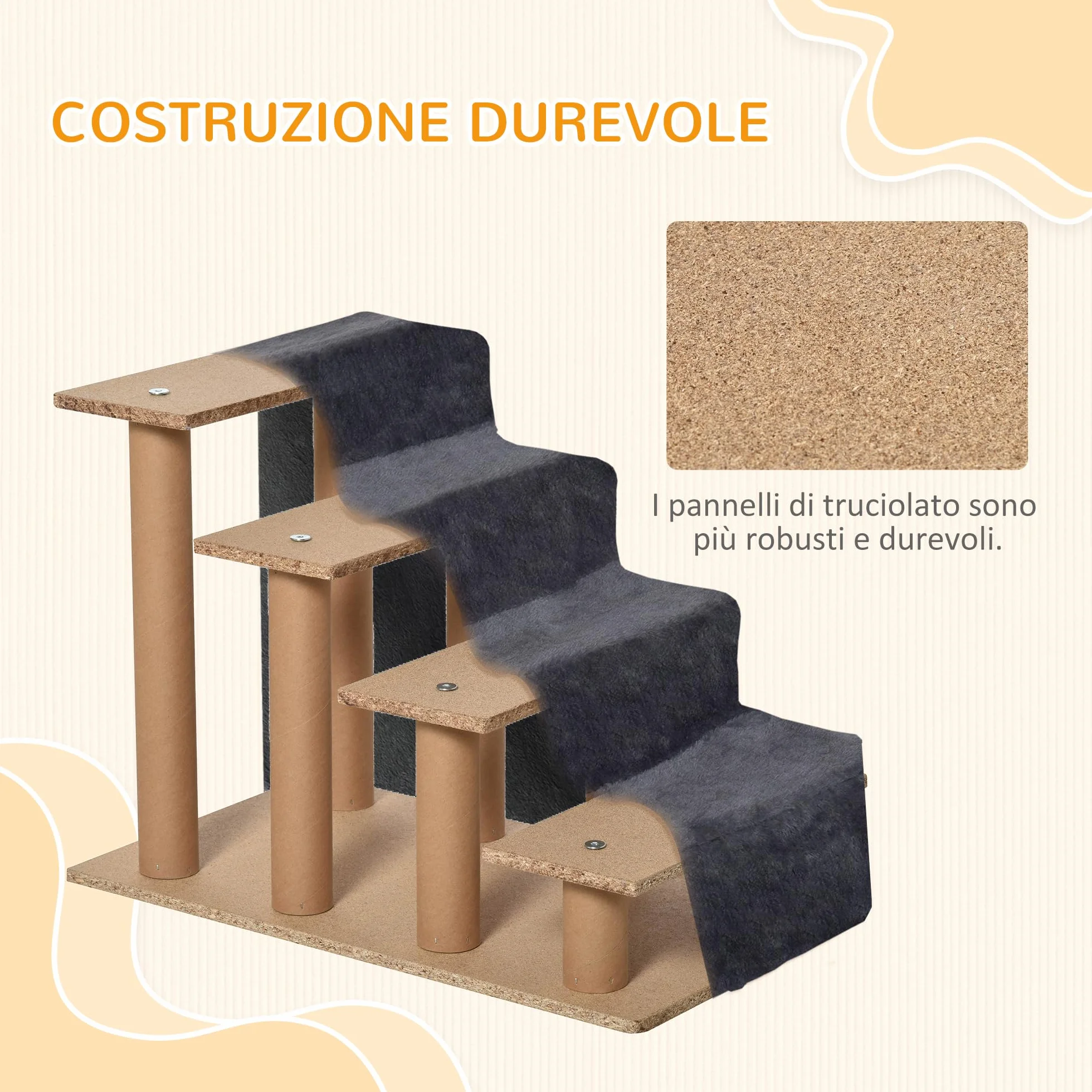 PawHut Scala per Cani 4 Gradini 60x35x44 cm Scaletta per Cani Gatti 10 KG Tessuto Vellutato Sfoderabile Lavabile Grigio Scuro