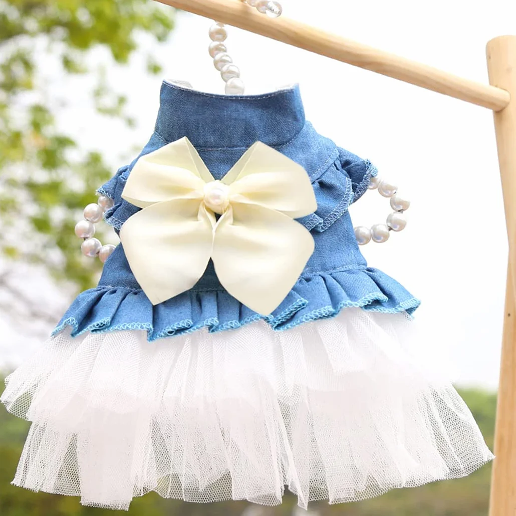 XIAOYU abiti per cani pet bowknot gonna principessa estate gilet per cani denin camicie prendisole dolce abiti da festa di nozze abiti per animali domestici abbigliamento, bianco, M