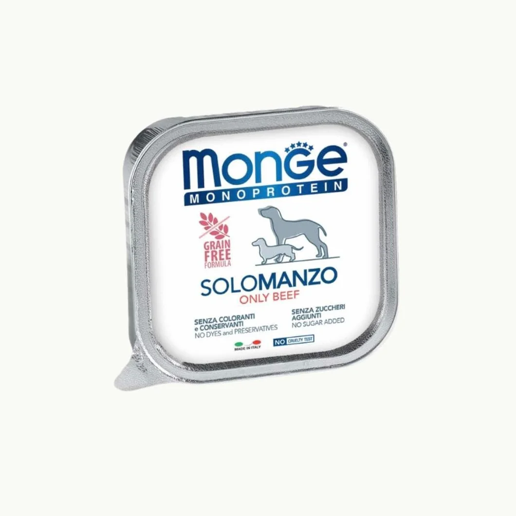 Monge Monoprotein umido cane, alimento completo per cani adulti di tutte le taglie gusto SOLO MANZO,formula monoproteica grainfree senza cereali | 12 vaschette da 150 grammi l'una.