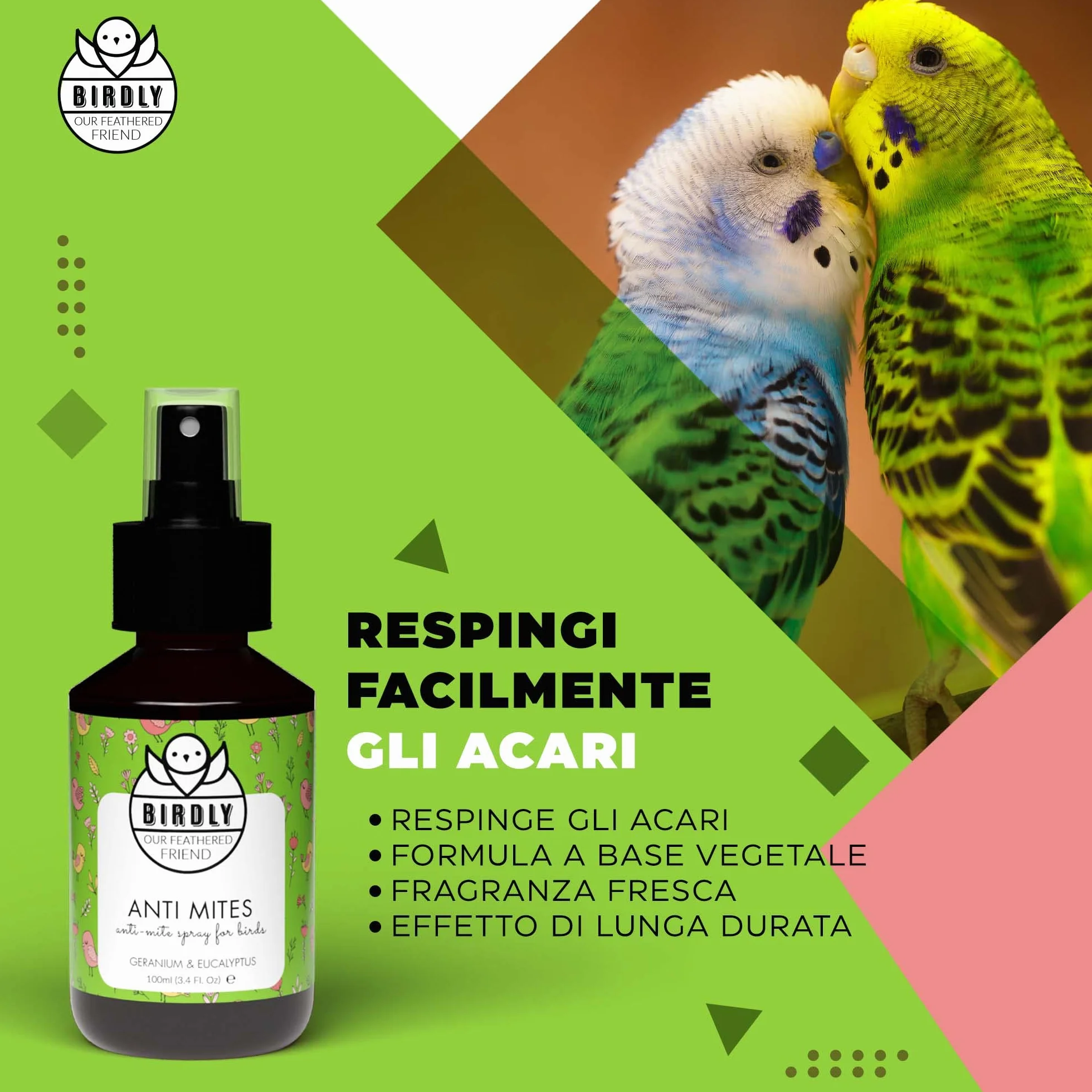 Birdly Spray Antiparassitario per Galline e Uccelli - Repellente Anti Acari con Vitamina E, 100ml