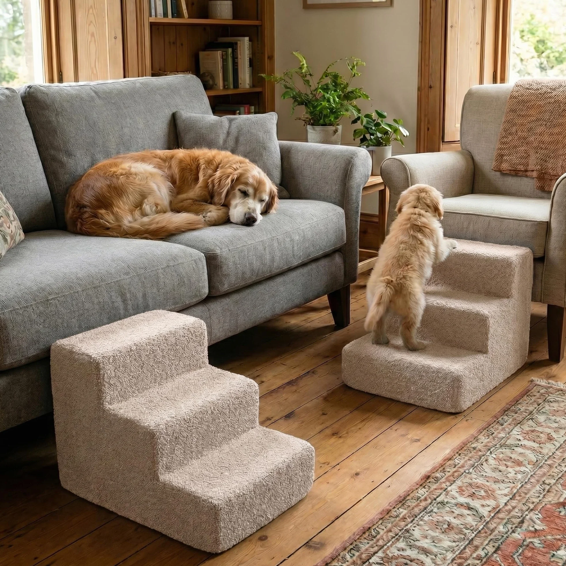 Murando Scala per Cani Piccoli 3 Gradini 30 cm Rampina in Schiuma Antiscivolo per Letto Matrimoniale Bouclé Crema