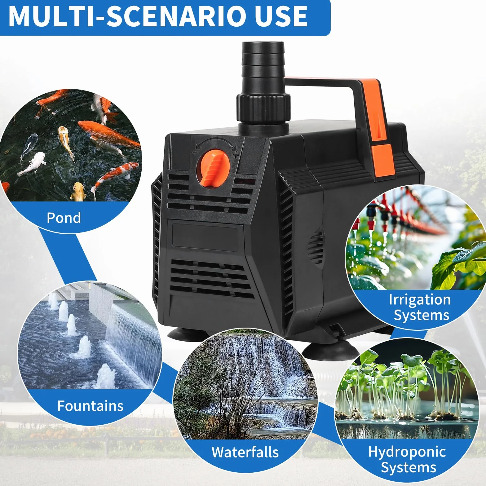 SWAWIS Pompa Acquario Pompa Laghetto 60W 3500L/H Anfibia Portata Regolabile con Filtro e 3 Ugelli per Acquari, Laghetti, Fontane
