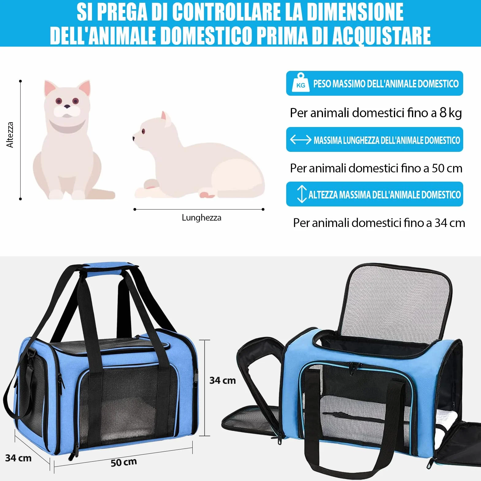 Trasportino per Cani e Gatti, Gabbietta per Animali Domestici, Tappetino Lavabile Rimovibile, con Tracolla, Borsa Ripiegabile Viaggio Sull' Aereo (Blu) L 50 x B 34 x H 34 cm