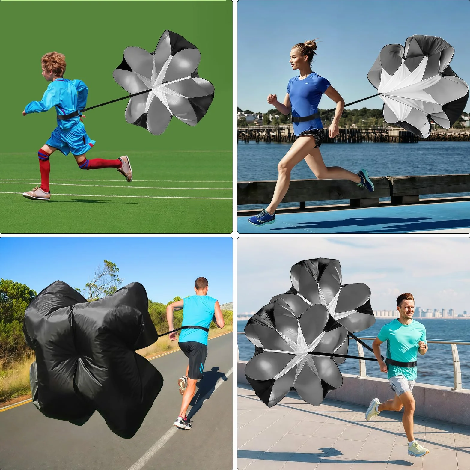 Paracadute da Corsa 2 Pezzi Neri, Paracadute di Resistenza con Cinghia Regolabile per Sprint, Rugby, Calcio, Baseball