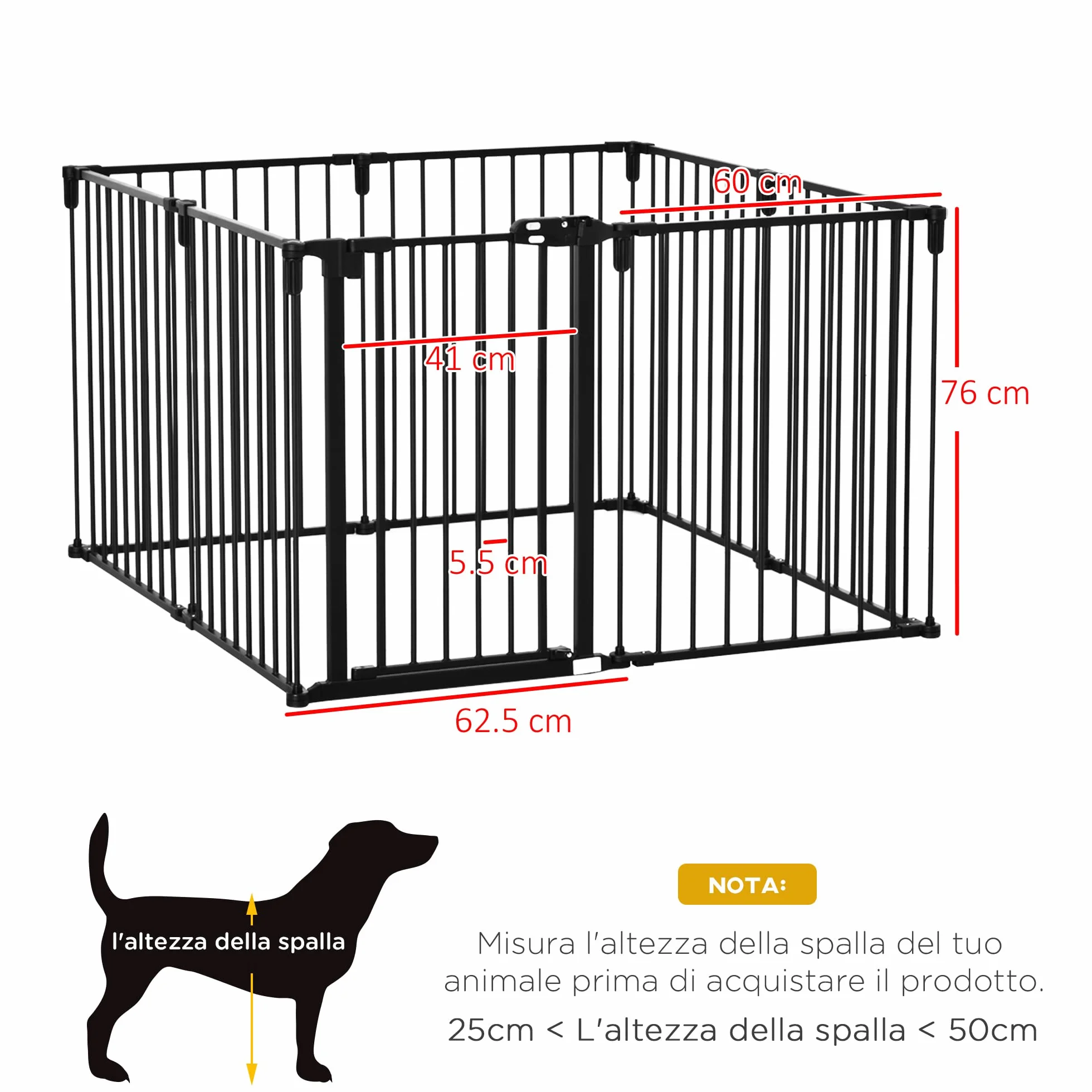 PawHut Cancello Sicurezza Pieghevole 8 Sezioni, Barriera per Cani Acciaio, Chiusura Automatica, Nero