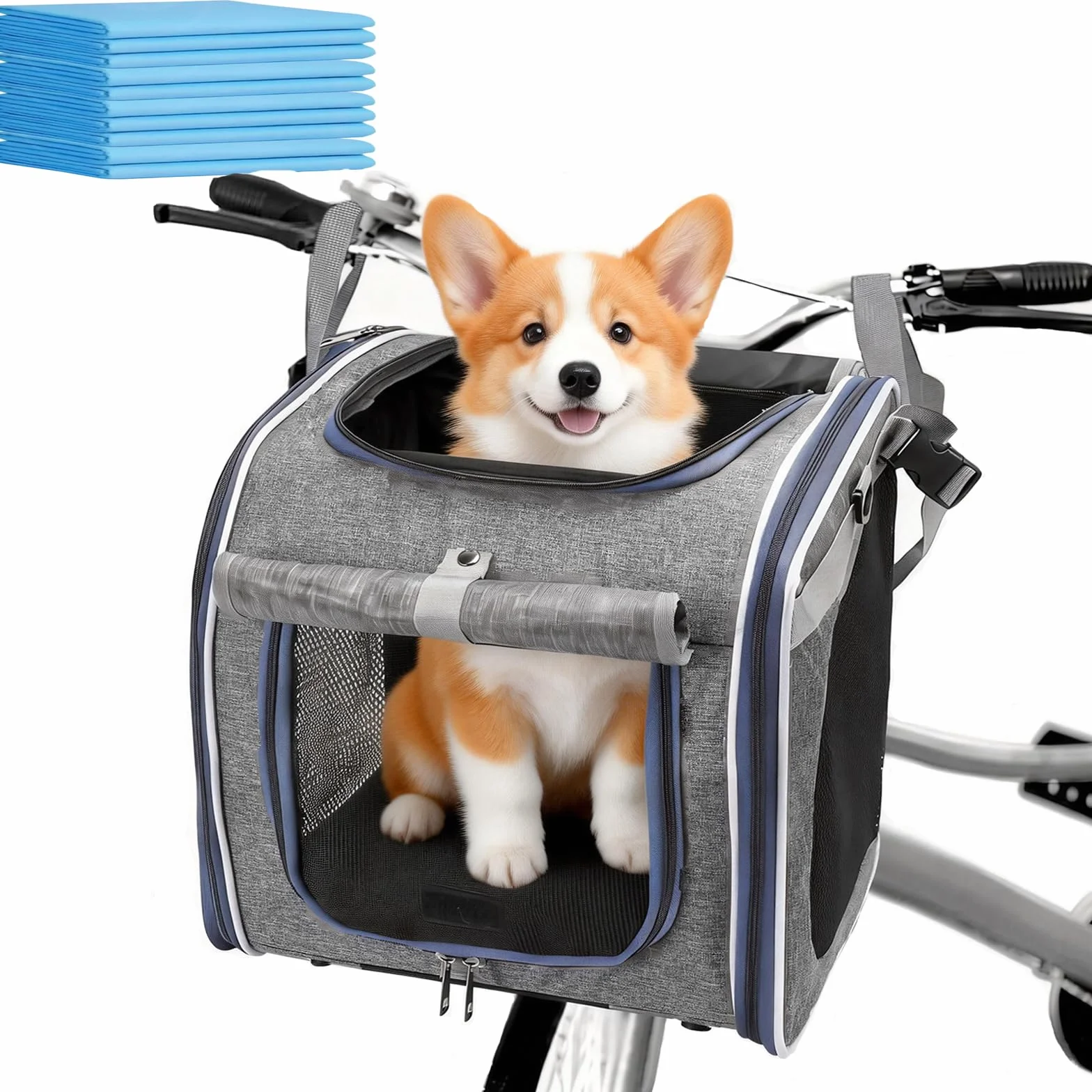 Cestino Anteriore Bici Staccabile, Cestino da Bici Anteriore per Cani Gatti fino a 10KG Adattatore Manubrio Multiuso con Finestre in Rete Traspirante Cuscino Impermeabile per Trasporto Cani e Gatti