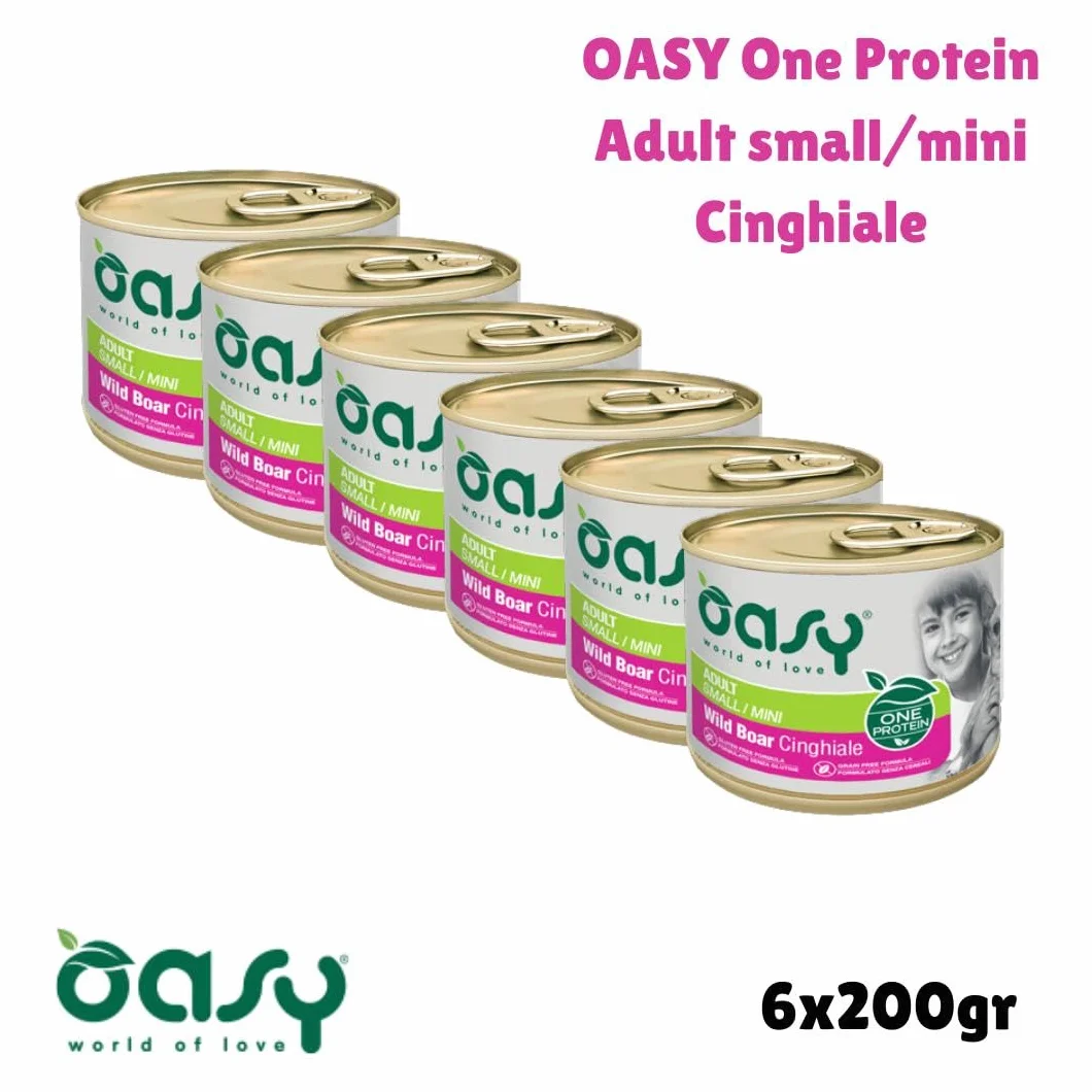 Oasy umido cane adulto monoproteico, alimento completo per cani adulti di taglia piccola (small) gusto CINGHIALE | 6 scatolette da 200 grammi l’una.