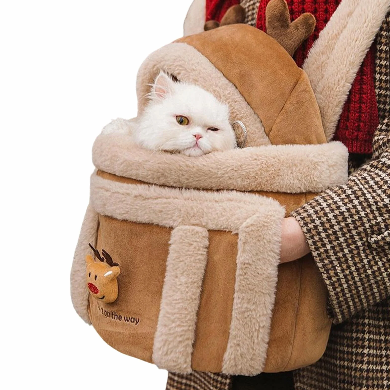 Marsupio per cani di taglia media, trasportino in peluche, portatile, con scaldamani, finestra interattiva, tema renna natalizia, 35,5 x 27,3 x 20,3 cm