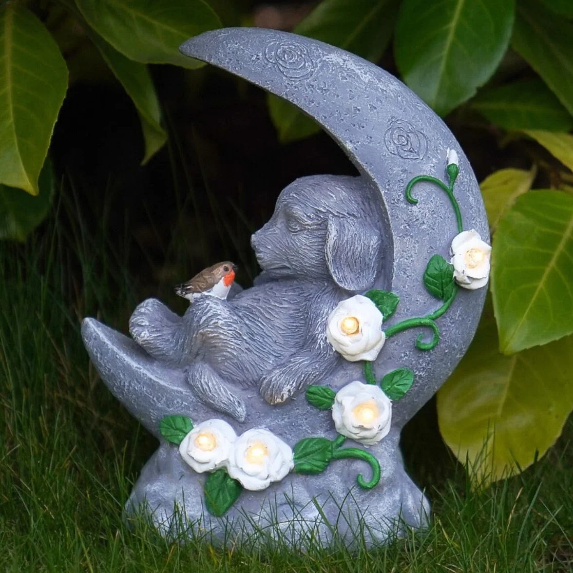 Lapide commemorativa con illuminazione LED solare a mezzaluna 19 cm per cane resistente agli agenti atmosferici