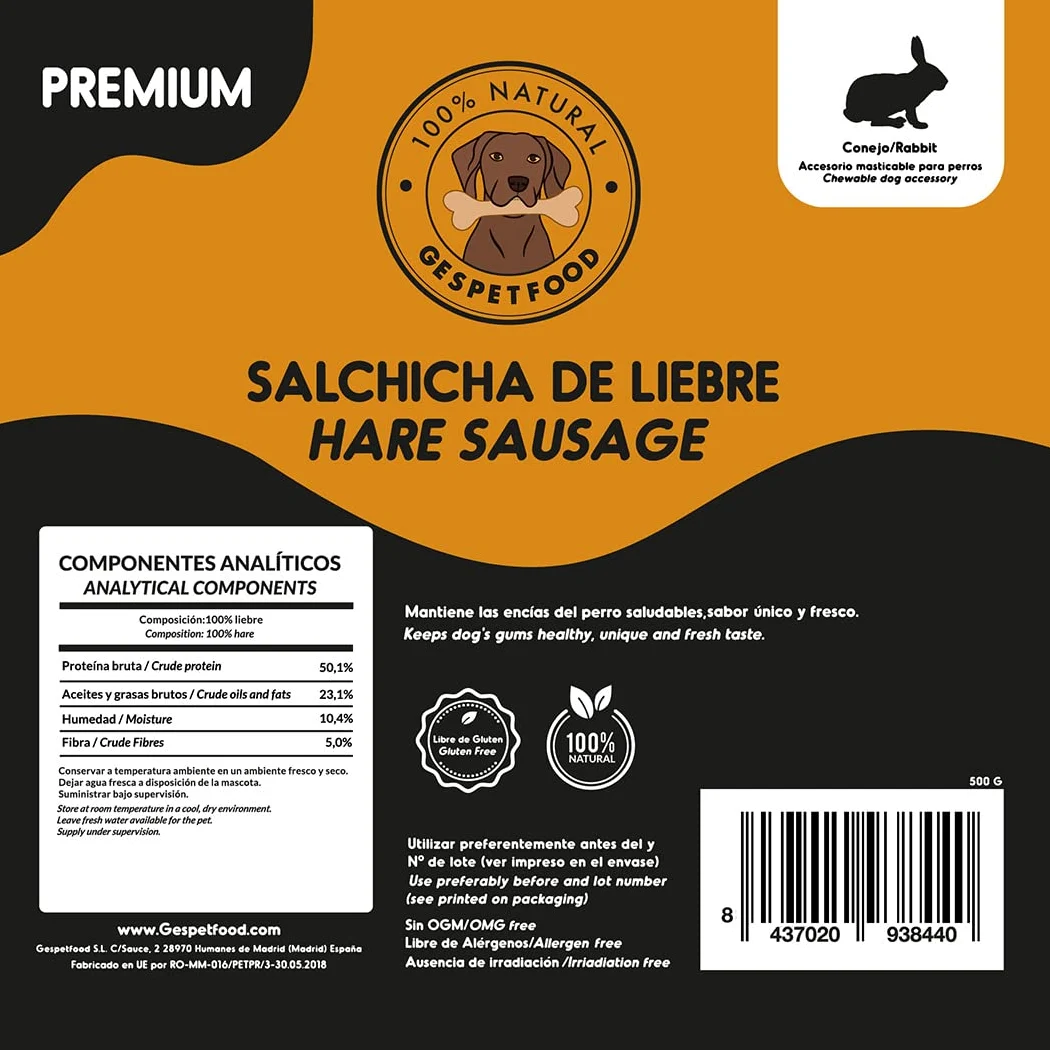 Snack Naturale per Cani - Salsiccia di Lepre - 500 g - 100% Carne di Coniglio - Sapore Unico - Gengive Sane - 100% Naturale - Snack Cani - Prodotto in Spagna - GESPETFOOD