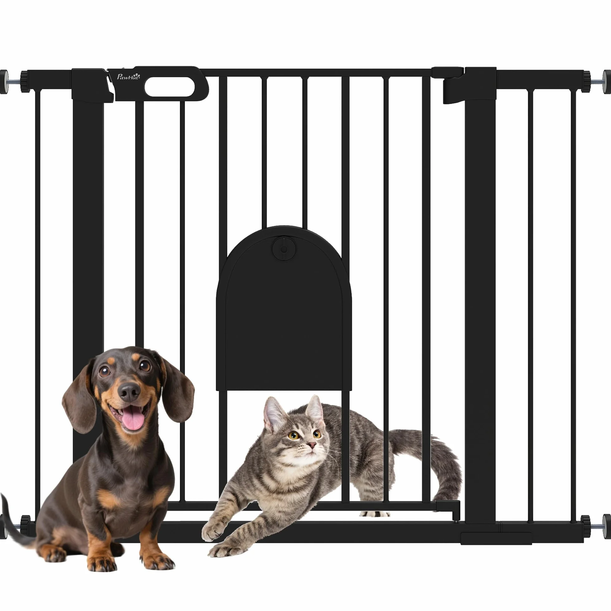 PawHut Cancellino per Cani Regolabile con Porta Piccola, Barriera per Cani con Chiusura Automatica, 75-103x76 cm, Nero