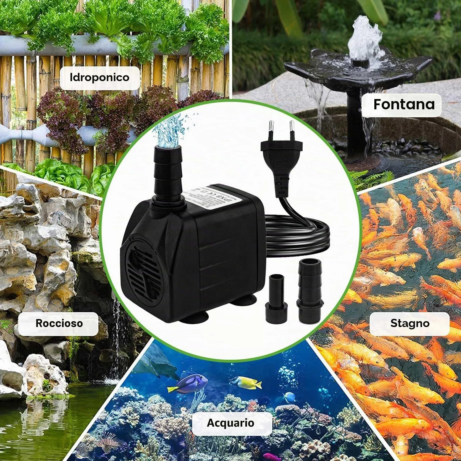 Mini pompa dell'acqua (600 L/H, 10 W), per acquario ultra silenziosa con sollevamento, per fontane, con cavo di alimentazione da 1,5 m, 2 ugelli, per statue, idroponica