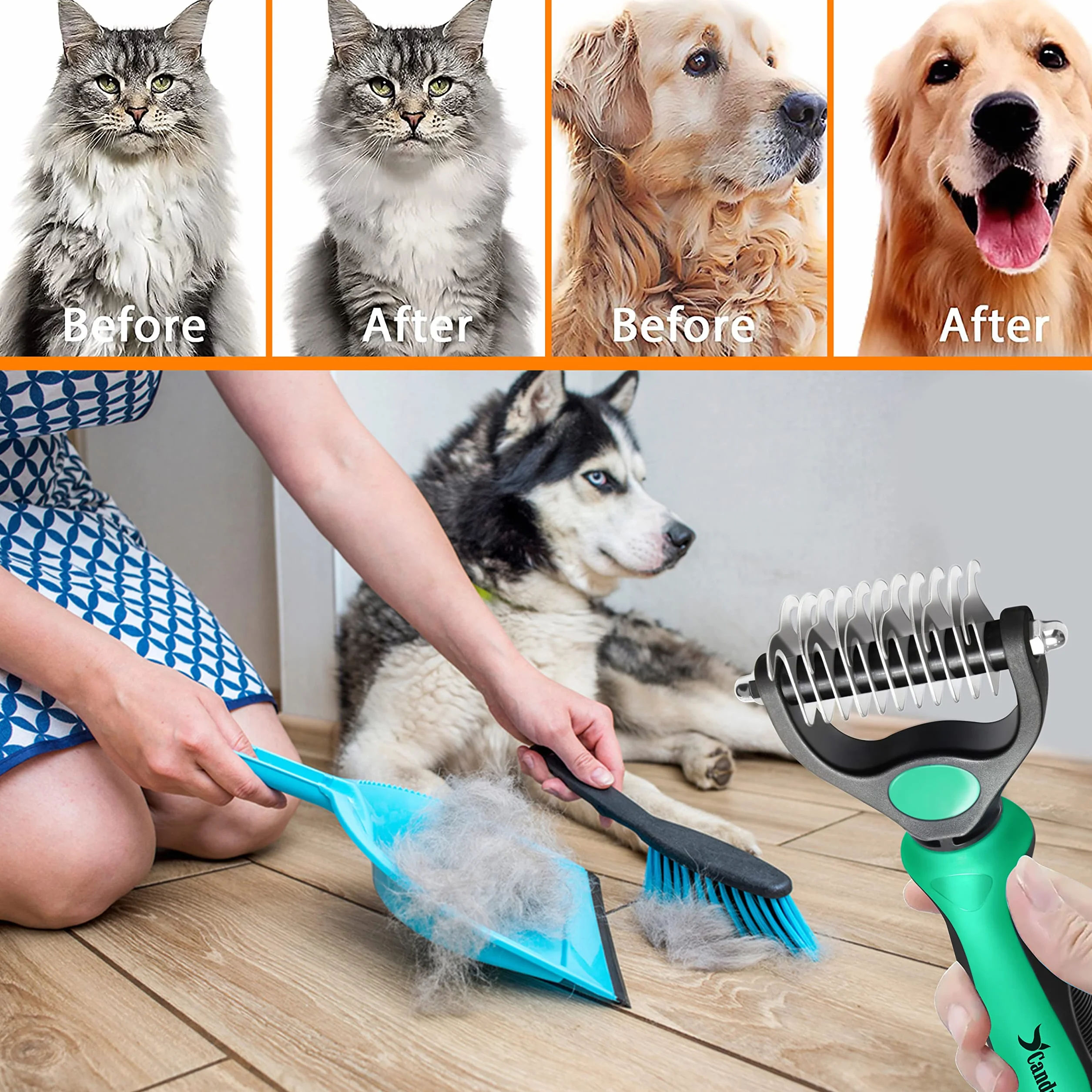 Candure Spazzola per Cani, Pettine Gatti per Pelo Acciaio Inossidabile 11+6 Doppia Faccia Strumento di Deshedding Animali per Cane Pelo Lungo, Medio e Corto (Verde)